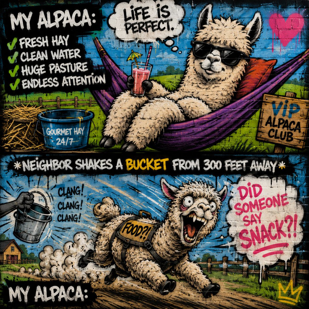 metartificial's tweet photo. This alpaca has a five-star pasture, unlimited hay, and constant attention... but one rattling bucket in the distance changes everything.

If you've ever had an animal that could hear a snack from a mile away, this one's for you!

#meme #animal #art https://t.co/NFQIUy1SZC
