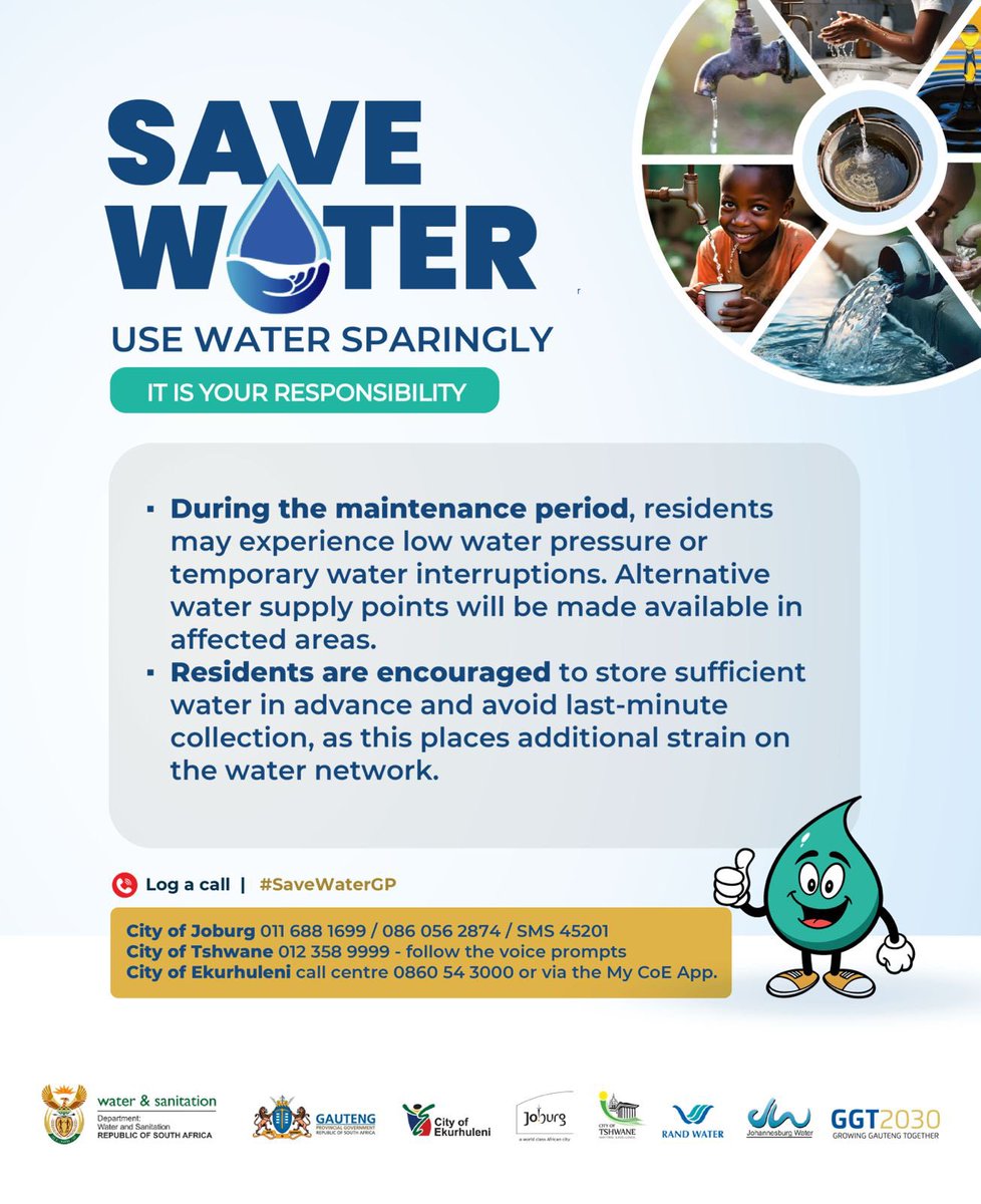 GautengProvince's tweet photo. [PUBLIC SERVICE ANNOUNCEMENT]:

@Eskom_SA and @Rand_Water will conduct Phase 2 of the planned maintenance from Friday, 17 July 2026 at 07:00 until Sunday, 19 July 2026 at 19:00.

The work will affect most municipalities, including Johannesburg, Tshwane and Ekurhuleni.

The planned maintenance aims to improve the reliability, operational efficiency and overall flexibility of the Palmiet, Zwartkopjes, Eikenhof and Mapleton water systems.

#SaveWaterGP