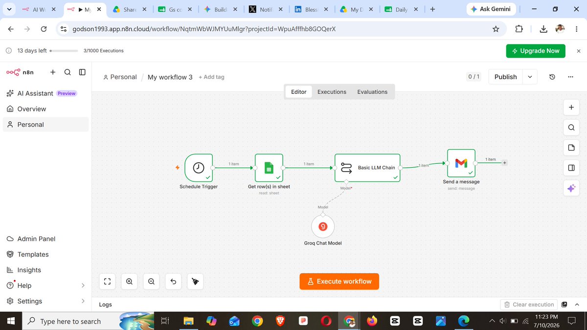 Godson2293's tweet photo. Project #2 is live: A fully automated Daily Motivation engine! 🚀
I wanted to build something that uses an LLM to generate fresh, dynamic content every morning to help people start their day inspired.
How it works:
⏰Schedule Trigger... #BuildInPublic #AIAutomation #n8n #Groq https://t.co/eAFjuD9ipZ