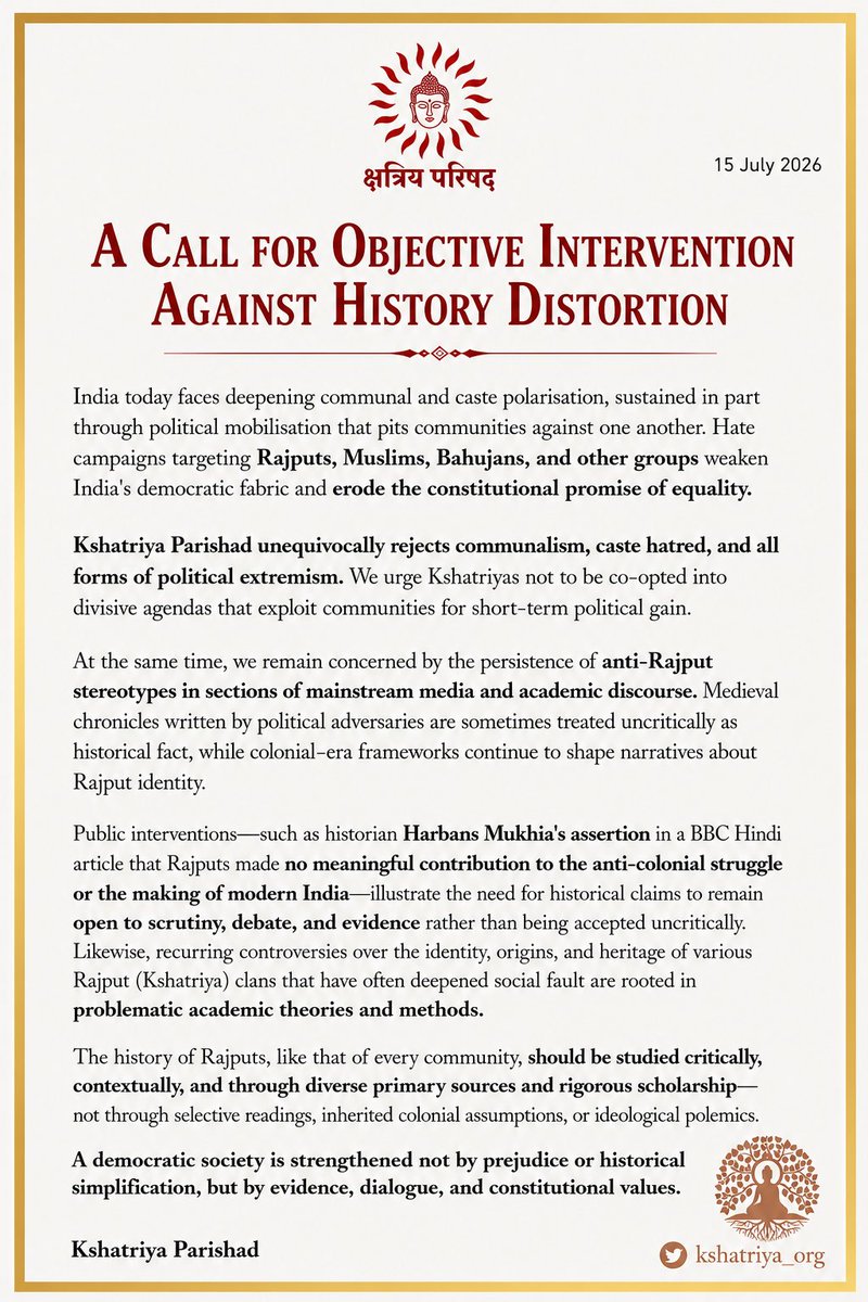 kshatriya_org's tweet photo. Kshatriya Parishad rejects communalism, caste hatred, and political extremism. Hence, we call for objective, evidence-based scholarship on Rajput history—free from colonial theories, ideological polemics, and uncritical readings of partisan sources.

A democratic society is strengthened not by prejudice or historical simplification, but by evidence, dialogue, and constitutional values.