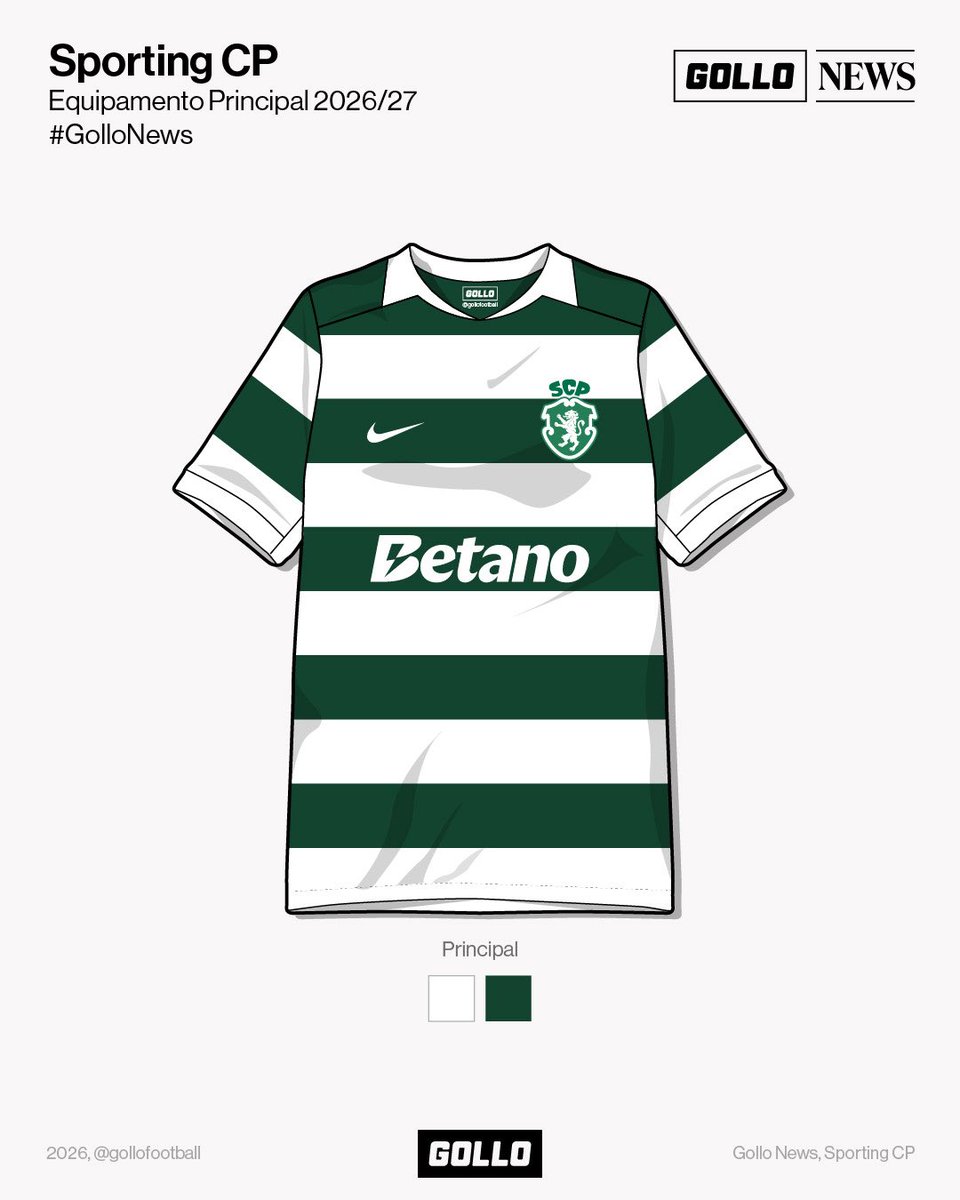 gollofootball's tweet photo. O Sporting CP apresentou o seu novo equipamento principal para 2026/27!

O modelo traz as tradicionais riscas horizontais verde e branco, agora com um tom de verde mais escuro, em mais uma camisola que celebra o 120º aniversário do clube.

O que achas do novo equipamento do Sporting? ⤵️