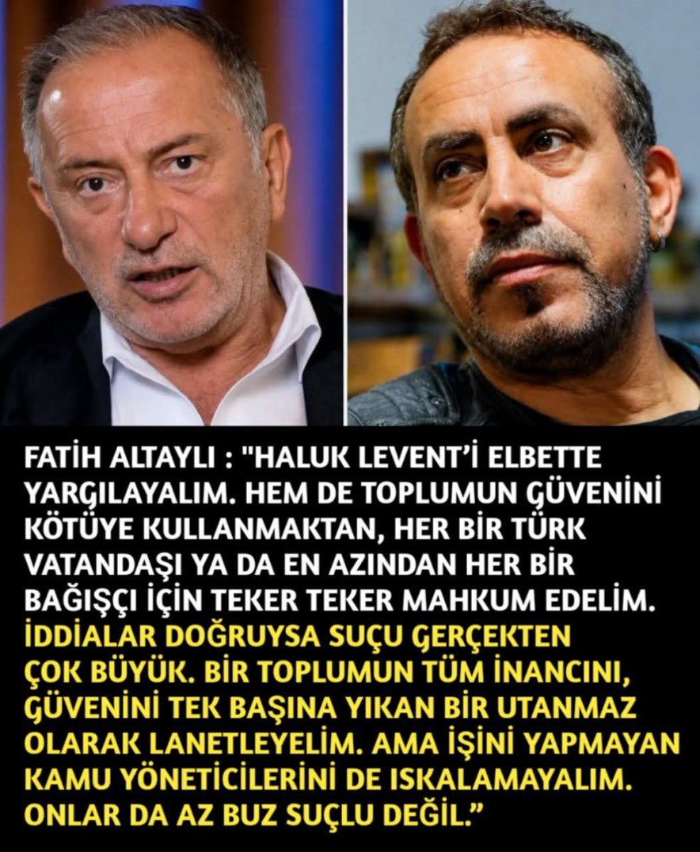 TOPRAK_2_'s tweet photo. “Haluk Levent’e ‘Haluk, yine kumara başlamışsın. Demek ki senin sözlerinin bir manası yokmuş. O zaman Ahbap Derneği’ne yapılan bağışlar da tehlikede.
Sen bu derneğe halka, ihtiyaç sahiplerine ulaştırılmak üzere bağış toplarken bize gelip kumarı bıraktığına dair yeminler etmiştin.
Derneği de düzenli olarak denetleteceğine söz vermiştin. Derneğin internet sitesinde denetleme ve mali durumla ilgili hiçbir bilgi yok.
Bu denetim raporlarını bizimle, sana bağış yapan milyonlarla paylaş’ dediğimde içimdeki ağır şüpheye rağmen senin bu hesabı kuruşu kuruşuna vermeni, ‘Abi, işte harcadığımız her bir liranın hesabı burada’ diye ortaya çıkmanı istiyordum.
Öyle olmadığını hissediyordum, hatta öyle olmadığından emindim ama yine de senin adam olduğuna dair bir umut beslemek istiyordum.
Haluk Levent’in müthiş bir kumar bağımlısı olduğunu bilmeyen yoktu ama bir yanda da iyi bir insan olduğu konusunda da şüphe yoktu.
İçinde Dr. Jekyll-Mr. Hyde çatışması vardı aslında.
İyilik yapmayı seven Haluk ile kumar bağımlısı Levent.
Bir yandan kumar borçları yüzünden defalarca kısa süreli de olsa hapse girmiş, sahneden kazandığı milyonları yok etmiş, bir o kadar da borç batağına saplanmış bir zavallıydı.
Diğer yandan da ihtiyacı olan herkesin yardımına koşmaya çalışan iyi kalpli bir adam.
Bu yüzden kendisine hep mesafeli durdum.
2023 Maraş Depremi oldu. Orman yangınlarında olduğu gibi Haluk Levent yine öne çıktı. Kızılay’a ve devletin kurumlarının deprem sırasındaki yetersizliklerine öfkeli olan halk Haluk Levent’in Ahbap’ına bağış yağdırmaya başladı.
Bu dönemde kendisini defalarca açıkça uyardım. Her seferinde ‘Abi, merak etme. Hem devlet denetliyor hem de uluslararası bağımsız denetim kuruluşlarına kendimizi denetleteceğiz. Düzenli rapor yayınlayacağız’ dedi.
İktidar kanadından eleştiriler gelmeye başlayınca, hemen o tarafa yanaşmaya çalıştı. Bakanlıklarla çalışmaya başladı ya da öyle bir intiba oluşturdu.
Sonra ortada görünmez hale geldi. Birkaç kendisini arayıp, hesaplarını anlatmak ve halkı aydınlatmak üzere programa çağırdım. Hep ‘Sonra abi, sonra abi’ dedi.
Arada birkaç iktidara yakın kanala çıktı. Bir şeyler anlattı. Doğrusunu isterseniz kendini unutturdu demek daha doğru.
Geçen ay bir karşılıksız çek davası ile gündeme gelince ‘Hesap ver’ dedim. Yine mugalatayı seçti. Birkaç hafta içinde de rezalet patladı.
İddialar korkunç, buharlaştığı söylenen, kumara aktarıldığı söylenen, şahsi hesaplara kaydırıldığı söylenen paralar dehşet verici.
İyi de sonuç olarak bu dernek ve denetime tabi. Devletin ilgili kurumları ne yapmış bugüne kadar?
Derneklerin denetimi İçişleri Bakanlığı’nın ve Sivil Toplumla İlişkiler Genel Müdürlüğü adı altında yeni sayılabilecek bir kurumun yetkisinde.
Bunca yıl bunlar ne yapmışlar?
Haluk Levent’i elbette yargılayalım. Hem de toplumun güvenini kötüye kullanmaktan, her bir Türk vatandaşı ya da en azından her bir bağışçı için teker teker mahkum edelim. 
İddialar doğruysa suçu gerçekten çok büyük. Bir toplumun tüm inancını, güvenini tek başına yıkan bir utanmaz olarak lanetleyelim.
Ama işini yapmayan kamu yöneticilerini de ıskalamayalım.
Onlar da az buz suçlu değil.”
Fatih Altaylı