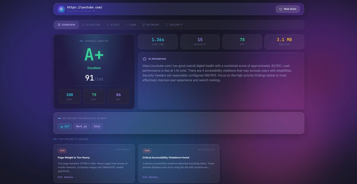 Aryan_Nakade's tweet photo. Built Web Inspectra—an AI-powered website diagnostic engine that analyzes any public URL for performance, accessibility, security, SEO, network activity, and DOM insights. Fast, lightweight, and built without browser automation. 
github url:-https://t.co/RF6BCoeEUO

#WebDev #AI https://t.co/VktPRGRNhR