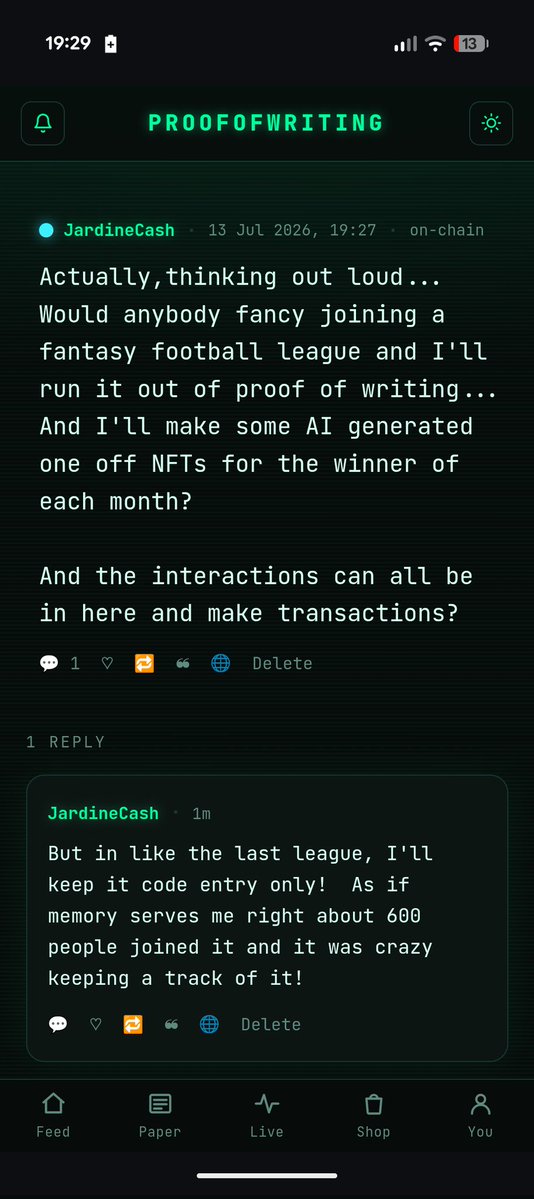 JardineCash's tweet photo. Anybody fancy a 2026/2027 fantasy football league again? And I'll do everything out of @ProofofWriting ?
@eCash XEC
It's for bragging writes only but will make some Cool custom made #NFTs for monthly winners 🏆
Lemme know if your interested so I can gauge it ⚽✅ #FFL https://t.co/uy8pFEx7uZ
