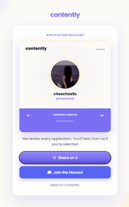 cheechee9x's tweet photo. I just applied to @contently_app — creator campaigns that pay real USDC, scored by a person, not bots. https://t.co/CGQaJIhVy8 https://t.co/KPHG5j6DTY