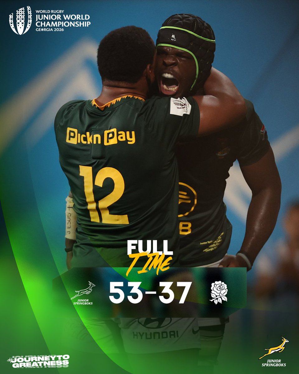 SAJuniorRugby's tweet photo. The #JuniorBoks are into the #JuniorWorldChampionship final after a sublime second-half performance in Tbilisi - more here: https://t.co/UttzGdY4XW 🙌
#JourneyToGreatness https://t.co/IrelNmXrI7