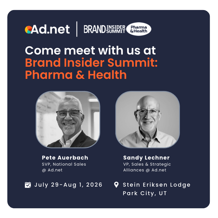 AdDotNetInc's tweet photo. We're heading to the @MediaPost Brand Insider Summit Pharma &amp; Health in Park City, Utah, July 29–Aug 1. Sandy &amp; Pete will be onsite connecting with pharma and health marketers to discuss performance strategies, audience targeting, and driving measurable growth. Let's meet! https://t.co/CrRXuWt3Cc