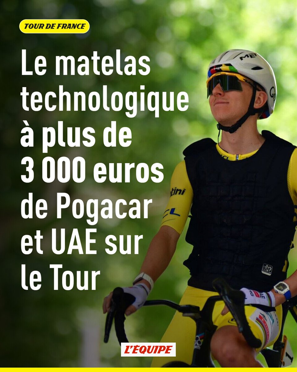lequipe's tweet photo. Ultra-dominateur sur la première semaine du Tour de France, le Maillot Jaune Tadej Pogacar détient une arme secrète. Sa formation UAE Emirates-XRG fournit à tous ses coureurs un matelas technologique pour optimiser leur sommeil ➡️ https://t.co/qCKtmzq8XQ https://t.co/YfyD4TcZkL