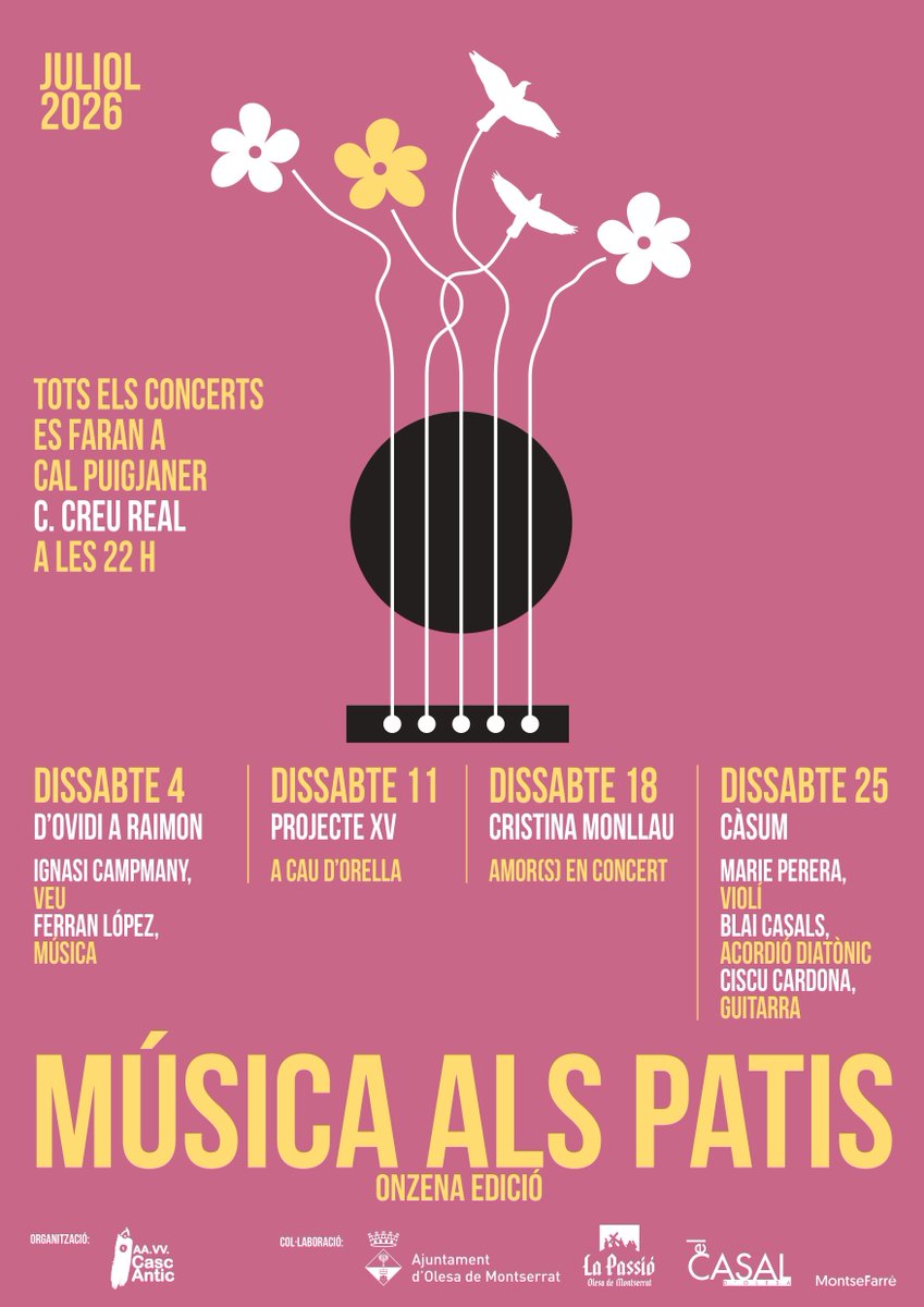AjuntamentOlesa's tweet photo. 🔴 MÚSICA ALS PATIS
🎶 El cicle Música als patis continua el dissabte 18 de juliol amb el concert "Amor(s)" de Cristina Monllau que presentarà el seu primer disc d'estudi amb cançons de pop indie electrònic. #Olesa
🕜 22 h
📍 Centre Cultural Cal Puigjaner https://t.co/xbAI2kUK82