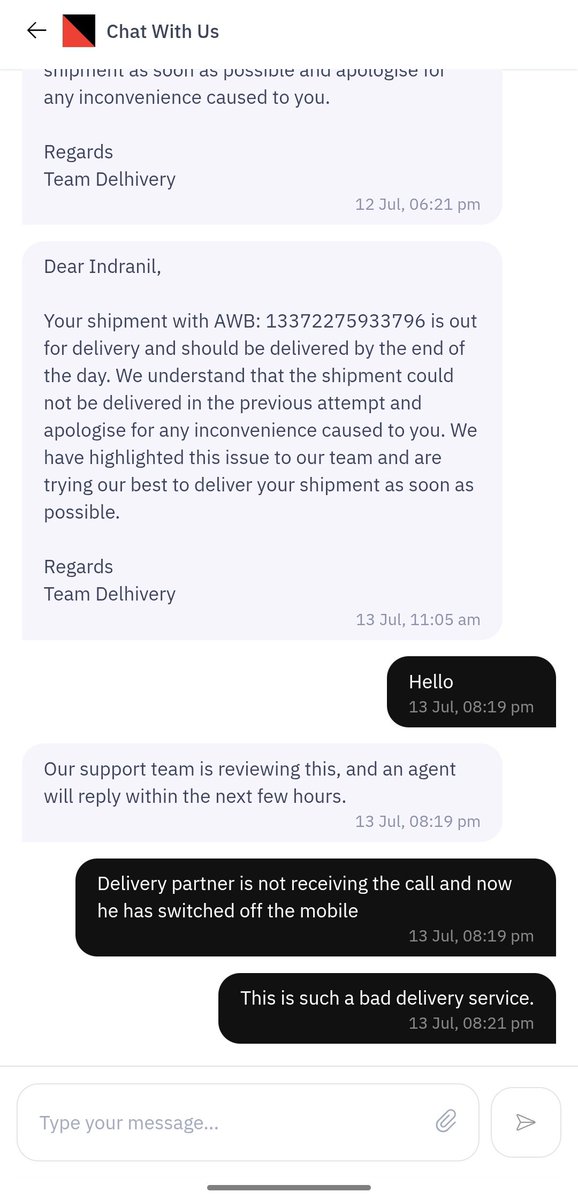 IndraNil013's tweet photo. @help_delhivery  your service is so pathetic. I have ordered something from Amazon, the delivery person is not coming to the location and mentioning I am not available. You don't have any service helpline no. You are such a fraud. What should I do should I cancel ??? https://t.co/QvXpFFzb94