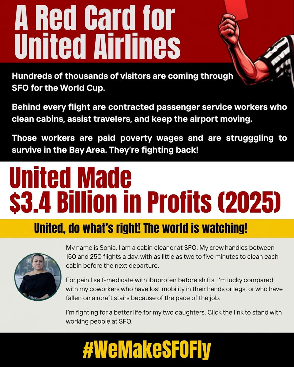 seiuusww's tweet photo. 🟥 We're giving a Red Card to companies that put profits before people.
Sonia helps keep SFO moving every day. She cleans hundreds of airplane cabins, works through pain, and still worries about providing for her two daughters
The world is watching. Do what's right
#WeMakeSFOFly https://t.co/szzCDW0d27