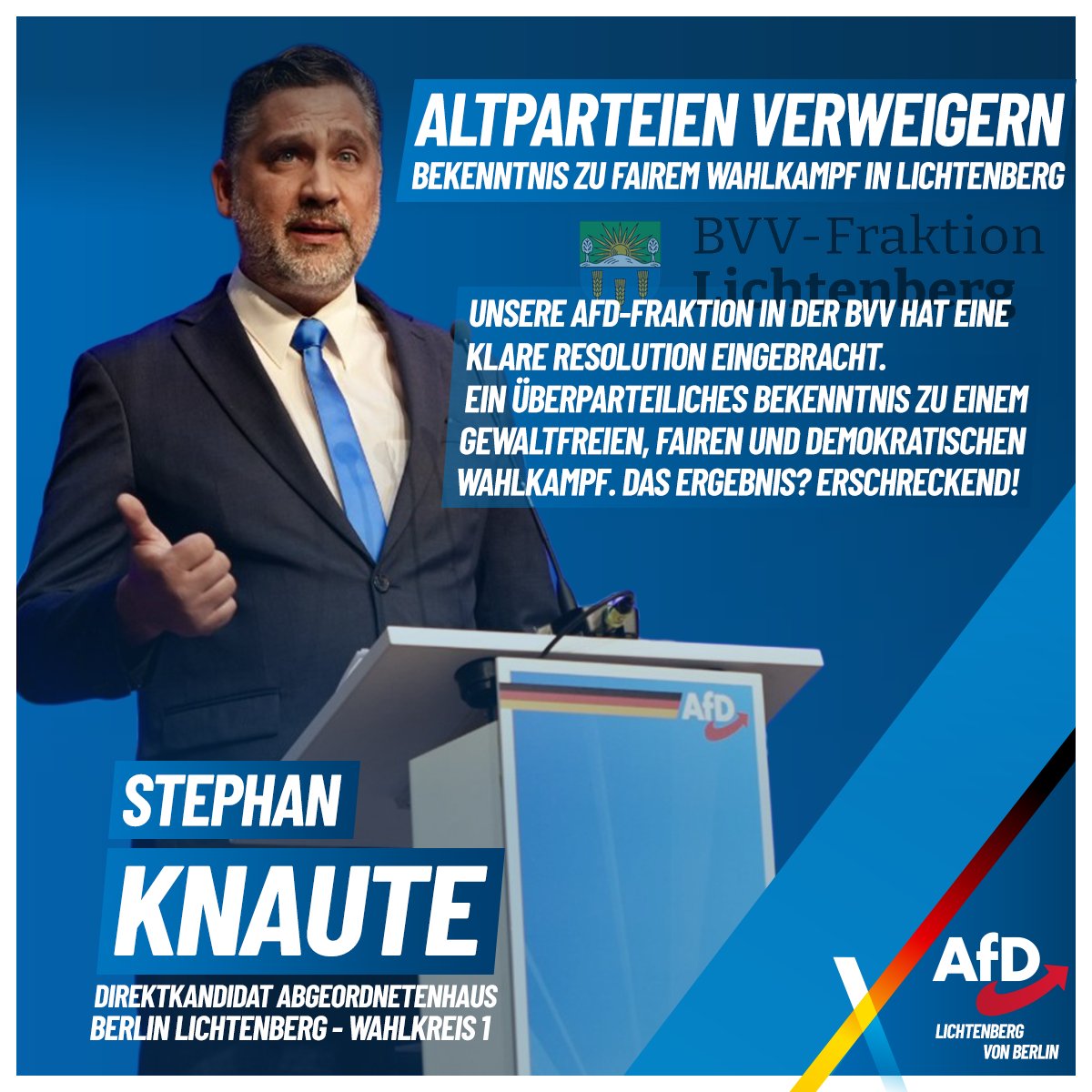 KnauteBLN's tweet photo. 🇩🇪 Demokratie sieht anders aus!
Altparteien verweigern Bekenntnis zu fairem Wahlkampf in Lichtenberg.

Liebe Lichtenberger,

als Ihr Direktkandidat für das Berliner Abgeordnetenhaus bin ich fassungslos über die jüngsten Ereignisse in unserer Bezirksverordnetenversammlung (BVV).

Unsere AfD-Fraktion hat eine klare Resolution eingebracht: Ein überparteiliches Bekenntnis zu einem gewaltfreien, fairen und demokratischen Wahlkampf.

Das erschreckende Ergebnis?

Die etablierten Fraktionen haben diese selbstverständliche demokratische Grundregel abgelehnt! Nur die AfD und das BSW stimmten für den Schutz von Wahlhelfern und Plakaten.

Wer den fairen Wettbewerb verweigert, zeigt, wie tief das Misstrauen gegen den Bürgerwillen sitzt.

Wir lassen uns nicht einschüchtern! Wir stehen für sachliche Politik, Bürgernähe und den echten demokratischen Diskurs in Lichtenberg.

Am 20.09.2026 Ihre Stimme für die AfD! 🗳️💙

#AfDLichtenberg #AGH26 #Direktkandidat #Wahlkampf2026 #BerlinLichtenberg #FairerWahlkampf