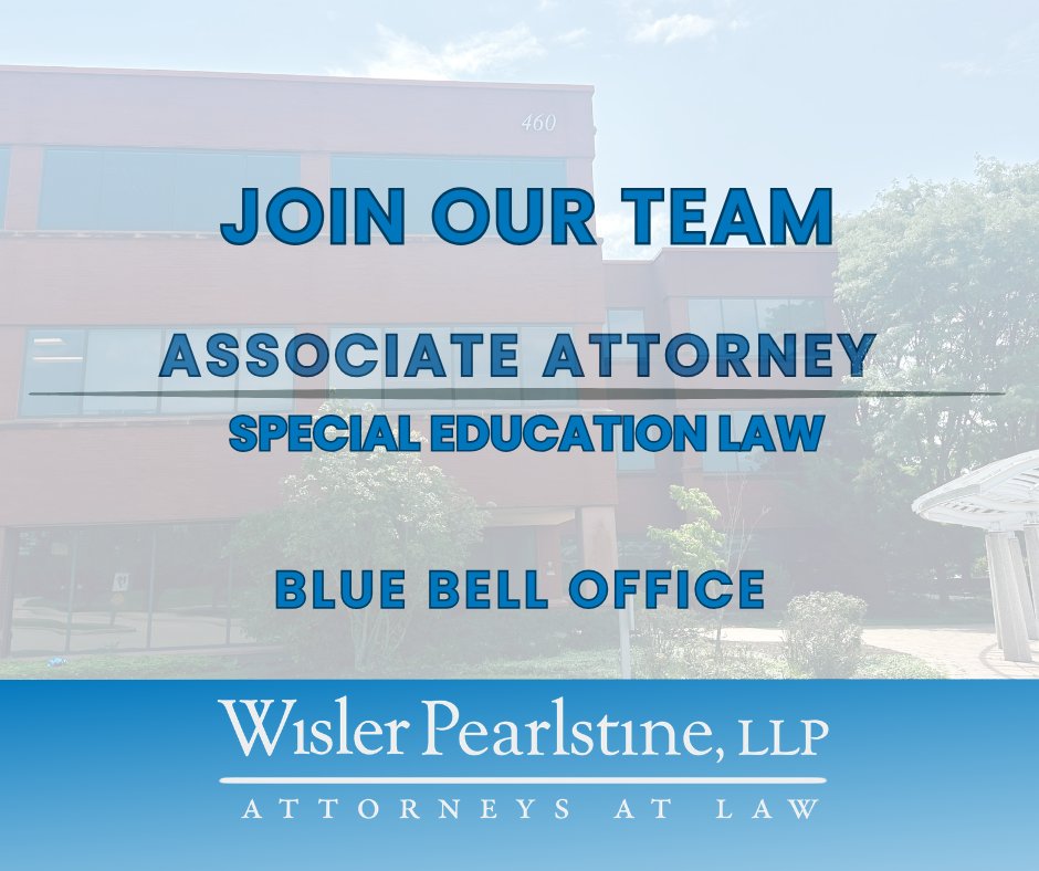 WislerLLP's tweet photo. Our Special Education Law team is seeking an associate attorney with 3-5 years of litigation experience (Both State and Federal) to join its growing practice!

Visit https://t.co/mAZqhpKgLK for more details &amp; to apply. 

Please share! 

#WorkatWP #joinourteam #hiring https://t.co/sCPZ2jj9Cb