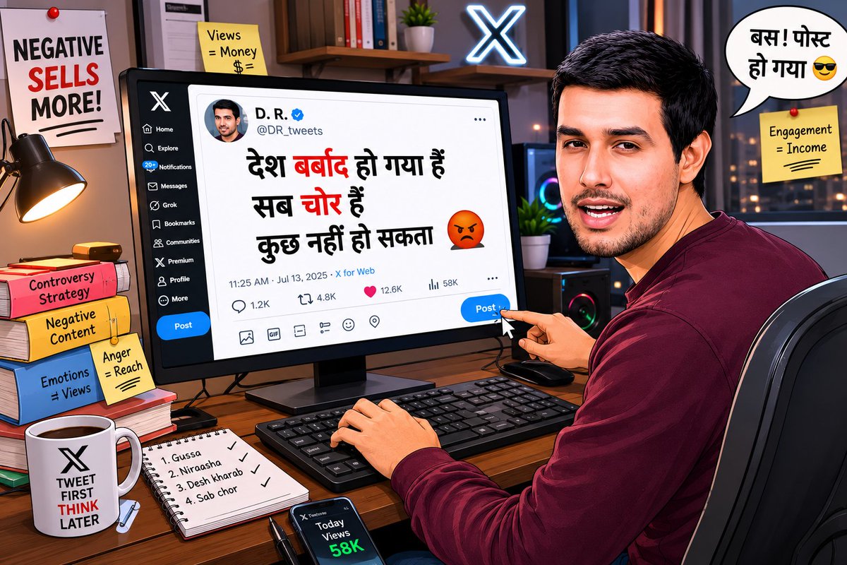Bhadaash22's tweet photo. आजकल X पर लगता है नियम बदल गया है।

जितनी ज़्यादा नकारात्मक पोस्ट, उतने ज़्यादा Views।

जितने ज़्यादा Views, उतनी ज़्यादा बहस।

और जितनी ज़्यादा बहस... उतनी ज़्यादा कमाई की उम्मीद!

अब कुछ लोग सच नहीं बेचते, बस गुस्सा बेचते हैं। 🤷‍♂️
#Bhadaash #politics #Dhruvrathee https://t.co/ePtP8wiIIv