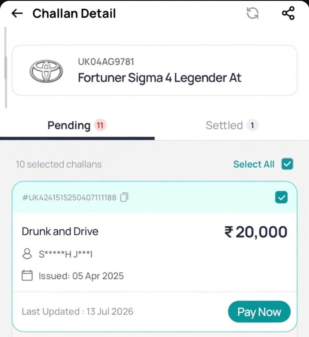 CourageousRo's tweet photo. Sourav Joshi's Fortuner has a challan for drunk and Drive ? 

If it's real why is he not penalised heavily and still roaming free ?

Impound his all cars and his drivery licence should be cancelled with immediate effect. https://t.co/i5RIK0EZbm