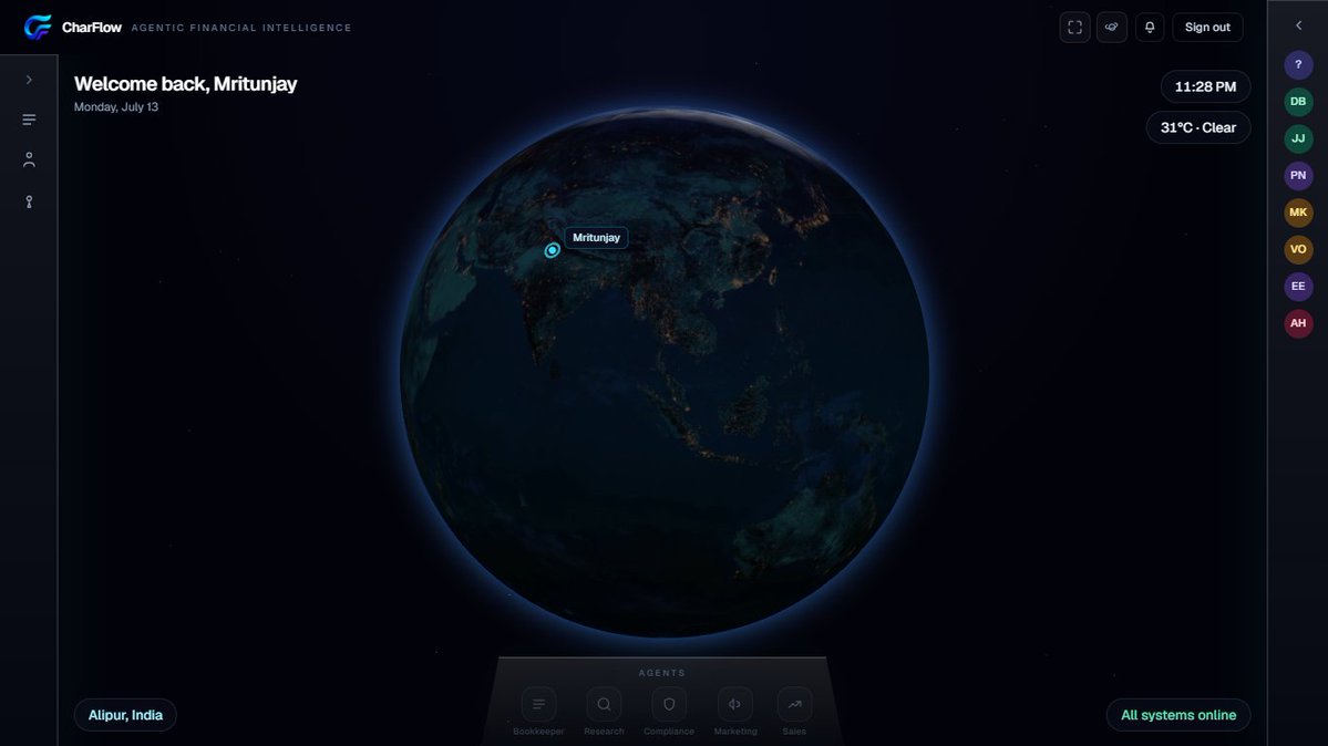mritunjayk_ops's tweet photo. Most AI products today feel like tools. I wanted CharFlow to feel like a place.

Less another dashboard, more an office floating in deep space, where every client, team member, and AI agent exists inside the same connected ecosystem, orbiting the same mission.

The globe isn't decoration. It's the idea that accounting firms aren't limited by geography anymore. A bookkeeper in India, a CPA in North Carolina, a client in California, AI agents running in a data center somewhere, all working inside the same digital workspace, in real time.

During huddles, animated arcs connect people live across the globe. Team chat and client collaboration run inside the platform itself, not bolted on from Slack or email.

This is a very different experience from traditional accounting software. That was the point. I wanted to know what an AI-native, globally connected workspace could actually feel like.

To me, it feels like the future. And it gives CharFlow an identity no other accounting tool has.
