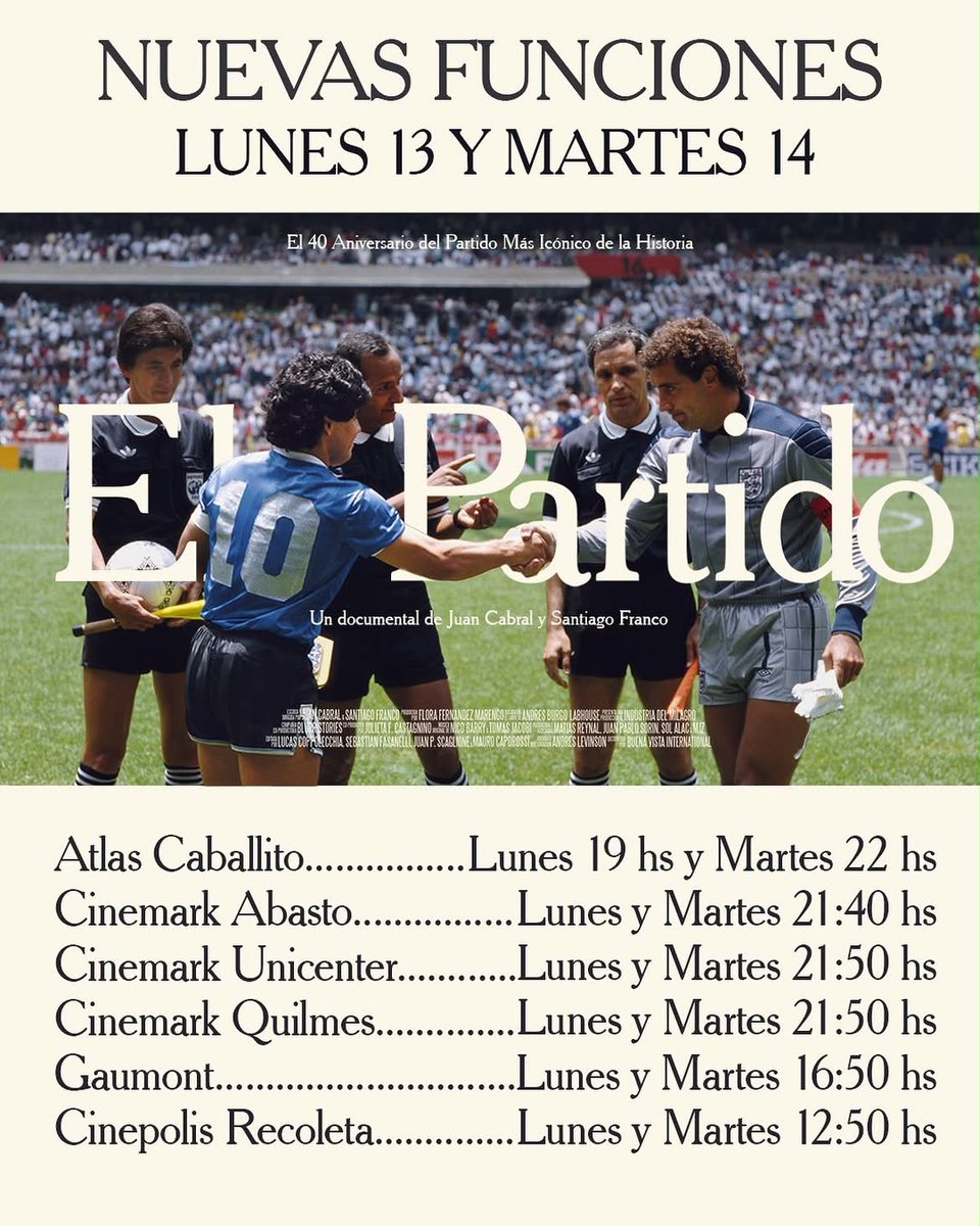 somoscorta's tweet photo. Distintas cadenas de cines anunciaron nuevas funciones de El Partido, el documental del duelo entre Argentina e Inglaterra en el Mundial de 1986. Ocurre en la previa del enfrentamiento de este miércoles por las semifinales del #Mundial2026.