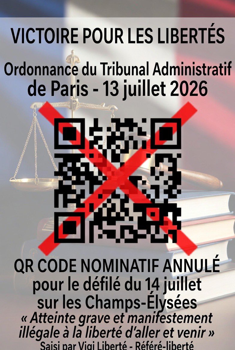 Guigz75116's tweet photo. 🧵La justice administrative vient d’annuler à la veille du 14 juillet l’obligation de QR code nominatif pour assister au défilé. 

Ce gouvernement, qui se pique de “maîtrise” et de “république irréprochable”, invente en catastrophe un fichage numérique digne des pires années covid pour une fête nationale censée célébrer la Liberté.

Résultat : claque judiciaire en pleine figure, improvisation totale, et une nouvelle preuve que nous sommes dirigés par des incompétents chroniques, plus prompts à contrôler les citoyens qu’à anticiper l’évidence juridique.

Même le tribunal administratif en a marre de leur amateurisme sécuritaire.
#14Juillet #IncompétenceAuSommet