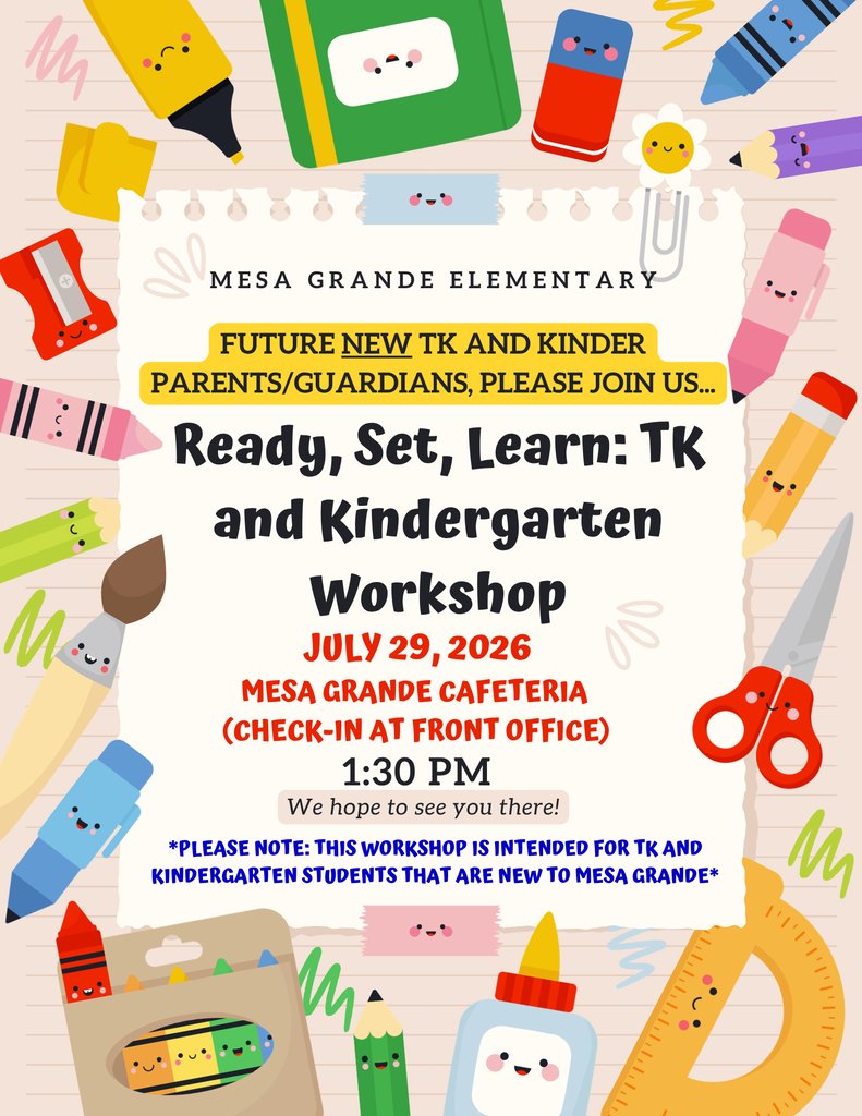principalkirk1's tweet photo. Please join us for our Ready, Set, Learn, TK/ Kindergarten Workshop 7/29/2026 at 1:30 PM in the Mesa Grande Cafeteria. (enter through the office). We look forward to seeing all of our newest Mustangs! https://t.co/Q5CLZv6eWO