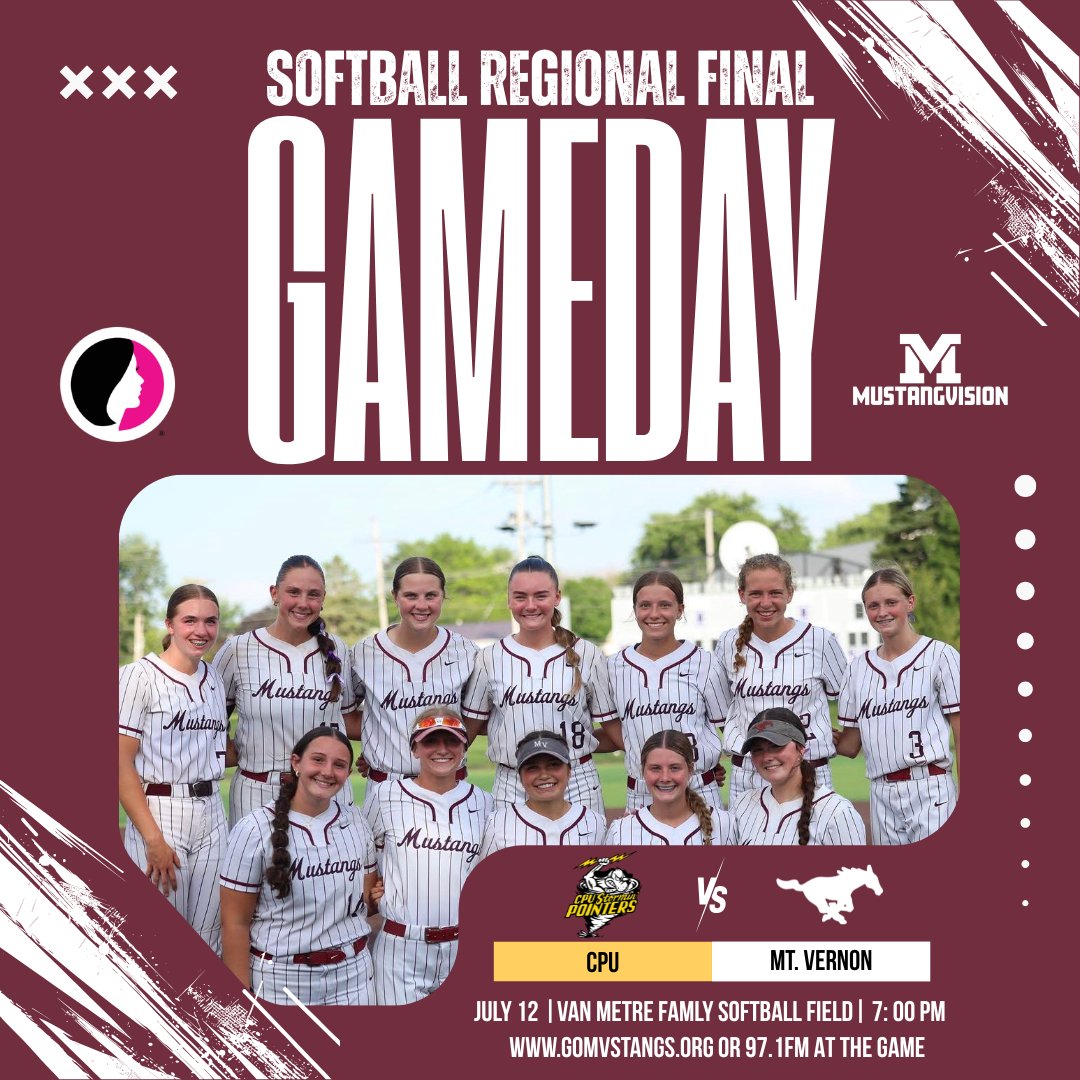 Mustangvision1's tweet photo. 🥎 @IGHSAU Softball, Class 3A, Region 4, Semifinal
🐎 @MVSBMadness vs. 🟡@CpuSoftball 
 📍 Van Metre Family Field
 ⏰ 7:00 pm 
📺@Hudl or https://t.co/cN8nd6SMNa
📻 97.1FM at the game https://t.co/fIfEPFTJzK