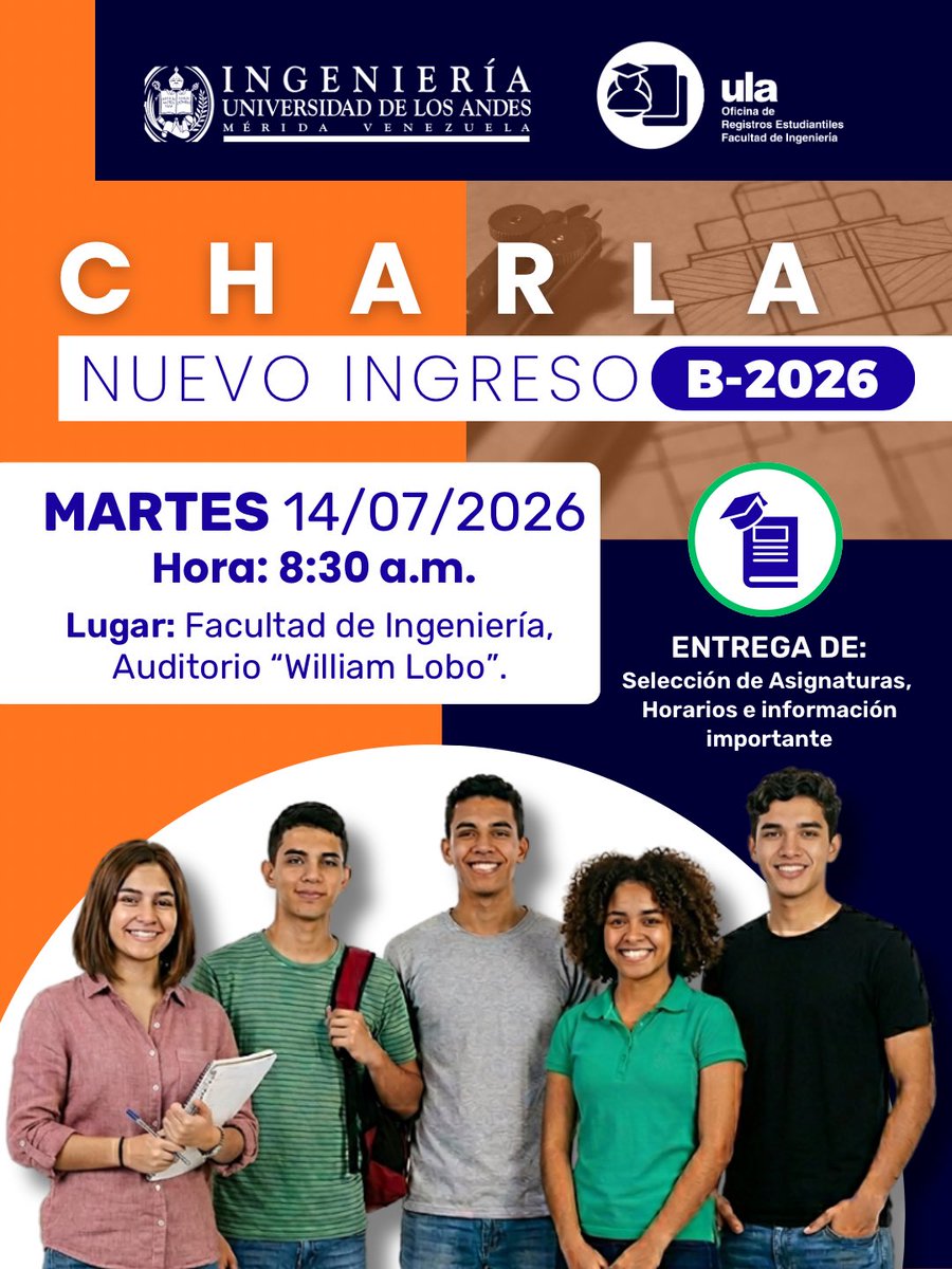 IngenieriaULA's tweet photo. ¡Atención Estudiantes de Nuevo Ingreso! El día de mañana martes 14 de julio se estarán realizando las charlas de bienvenida. 

Los esperamos a partir de las 8:30 am https://t.co/HBRllft74c