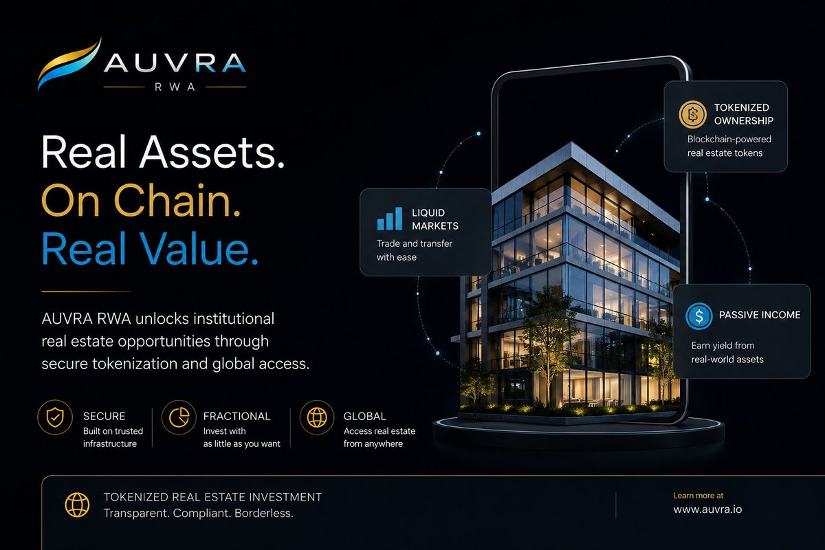 AuvraRWA's tweet photo. Tokenize the World.
Real assets. Digital ownership. Global access.
AUVRA RWA Token (AUR)

#AUVRA #AUR #RWA #Tokenization #Web3 #followers #investors #realworldassets #blockchain #crypto #investing https://t.co/VdN29hLQhY