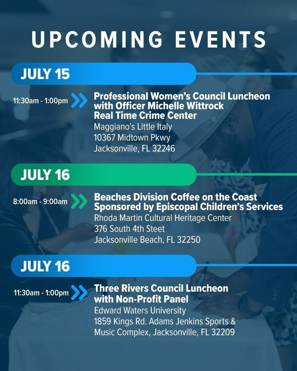 JAXChamber's tweet photo. Which of these events will you be attending this week? ⬇️

📅 July 15 - JAX Chamber Professional Women's Council Luncheon with Officer Michelle Wittrock – Real Time Crime Center
Time: 11:30am - 1:00pm
Sign up here: https://t.co/0pBEyI1qTi 

📅 July 16 - Beaches Division Coffee on the Coast – Sponsored by Episcopal Children’s Services
Time: 8:00am - 9:00am
Sign up here: https://t.co/5PVP1cKCX1

📅 July 16 - JAX Chamber Three Rivers Council Luncheon with Non-Profit Panel
Time: 11:30am - 1:00pm
Sign up here: https://t.co/NydcV1xHjx

📅 July 17 - Downtown Council of Jacksonville Happy Hour at Manifest Distilling
Time: 3:30pm - 5:30pm
Sign up here: https://t.co/JFCcCScAz2

📅 July 21 - NextUp JAX Public Policy Committee Meeting
Time: 6:00pm - 7:00pm
Sign up here: https://t.co/OVn04zTi9Z

✂️ RIBBON CUTTINGS:

📅 July 14 - Stored Self Storage
Time: 4:00pm

📅 July 16 - Wake-Up Lounge & Media Center Time: 4:30pm

📅 July 21 - Velara Luxury Apartments
Time: 5:00pm

Explore more events here - https://t.co/lE1D98vizw

#JAXChamber #upcomingevents #jacksonvillefl #eventsinjax