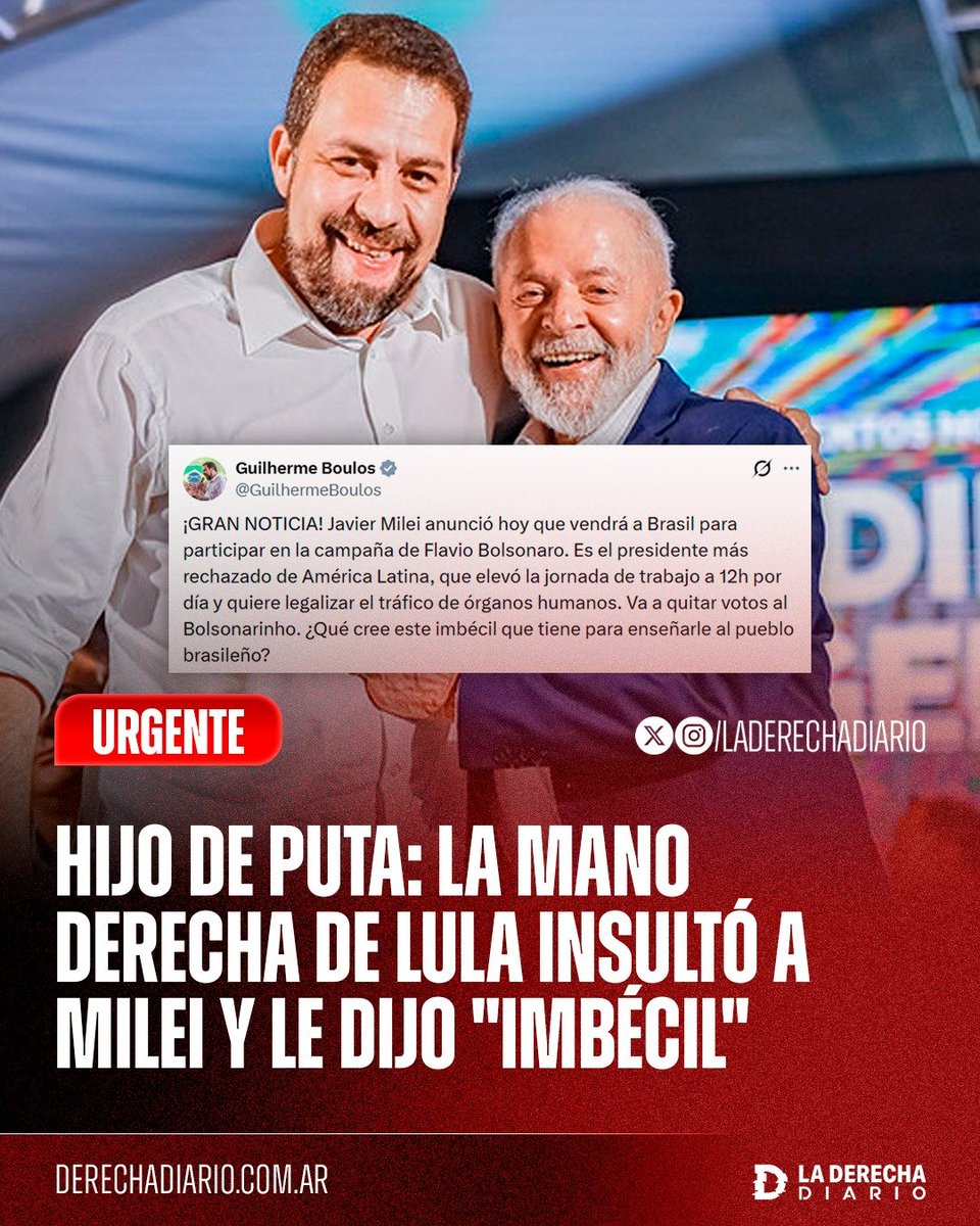 laderechadiario's tweet photo. 🚨🇧🇷🇦🇷 | HIJO DE MIL PUTAS: Guilherme Boulos, Secretario General de la Presidencia de Lula, insultó a Javier Milei llamándolo “imbécil” y lo difamó al afirmar que "extendió la jornada laboral a 12 horas diarias" y que pretende legalizar el "tráfico de órganos humanos", luego de que el presidente argentino anunciara su viaje a Brasil para respaldar a Flavio Bolsonaro en la oficialización de su candidatura a presidente.