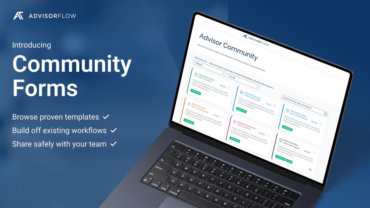AdvisorFlow's tweet photo. Community Forms is LIVE 

Stop building forms from scratch.

Browse workflows, see how other practices structure their forms, and customize templates to fit your own process. 📷

Curious how it works? Visit this link below:
https://t.co/idiOwvzsu1 https://t.co/QGmEBWpvSa