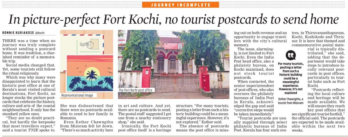 ron_of_kochi's tweet photo. Even four months later, post offices in Fort Kochi and Mattancherry remain without picture postcards.

As you know, it is a tradition among many travellers, especially foreigners, to send a postcard home from places that you visit. They are keepsakes to remind you of the journey, the memorable experiences that you had, etc.

Fort Kochi's post office is in itself an iconic building with a lot of history. So many travellers arrive here hoping to find a picture postcard. Sadly, there's none.

They are redirected to other shops, or must make do with a normal postcard. In doing so, the Post is losing a lot of revenue, and the region, an opportunity to sell itself.

I'm looking for people who can assist in making the picture postcards available at these post offices before the next tourism season. Do get in touch.

@rajeshravi71 @pendown @appooz @BlabbingFingers @vcsmanisha @badjourno @jillsdaniel @limirose @georgysthomas @xpresskerala @shinieantony @ens_socialis @MSKiranPrakash @PaulCithara