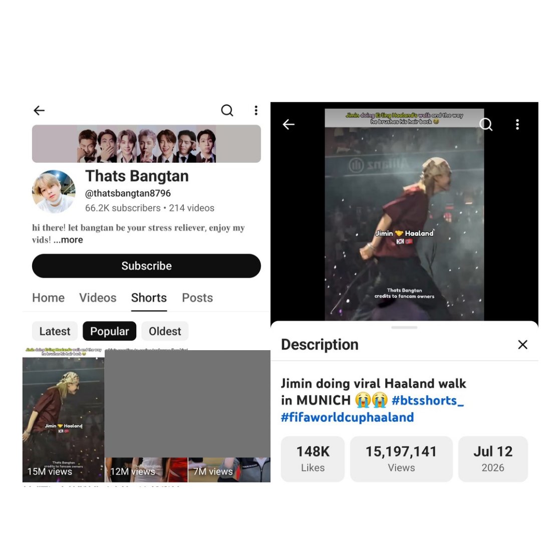JIMIN_RECORD13's tweet photo. 구독자 6만 6천 명을 보유한 BTS 소식 전문 유튜브 채널 Thats Bangtan의 쇼츠에서 지민의 'Haaland 걸음' 영상이 업로드 단 하루 만에 1,500만 조회수와 14만 8천 개의 좋아요를 기록했습니다.

단 하루 만에 구독자 수의 200배가 넘는 조회수로 해당 채널 최고 기록을 세우며, 지민의 강력한 바이럴 파워를 새삼 입증했습니다.

바이럴 제조기 지민💥

VIRAL KING JIMIN
MUNICH SHINES FOR JIMIN
DEUTSCHLAND LIEBT JIMIN
JIMIN WORLD TOUR ARIRANG
#JIMIN_WORLDTOUR_ARIRANG
#JIMIN #지민 @BTS_twt