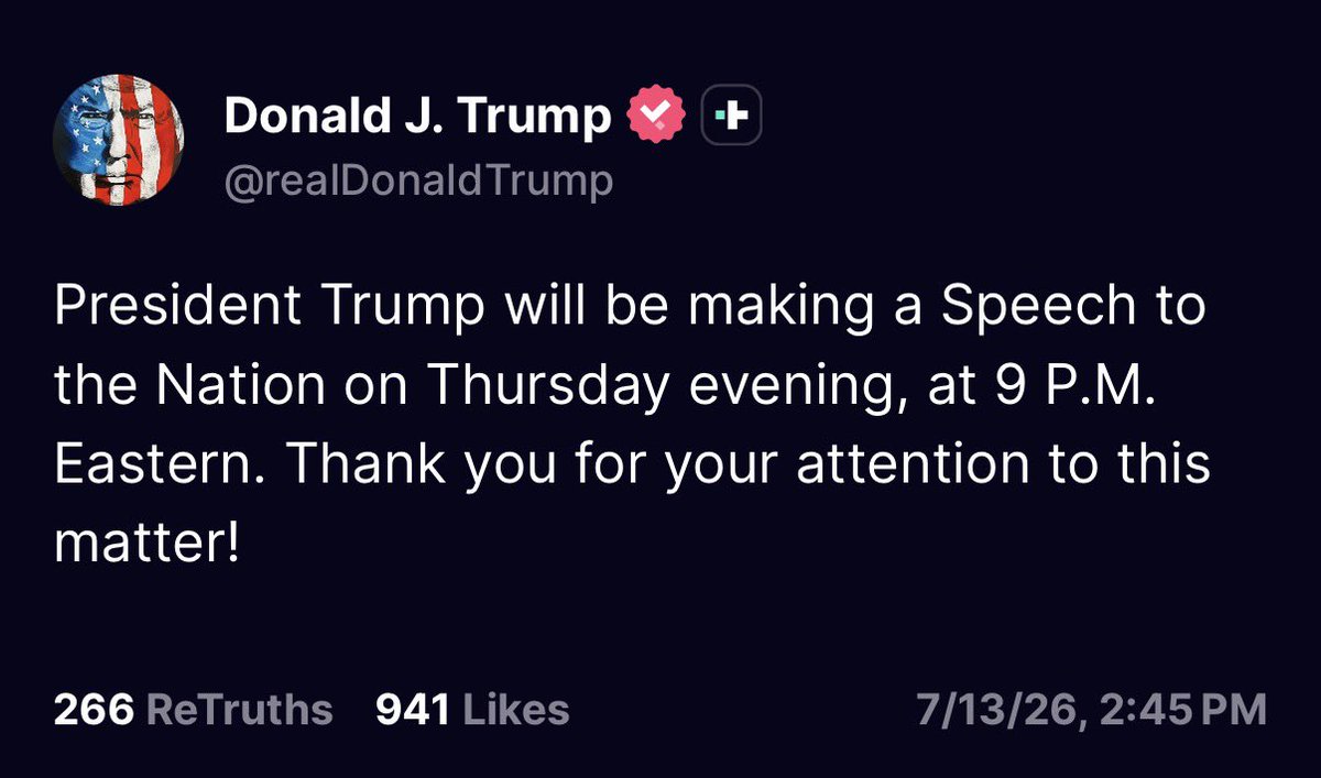 RealKingOfCheap's tweet photo. RT @KobeissiLetter: BREAKING: President Trump says he will be addressing the nation at 9 PM ET. https://t.co/NNOqAAyc7A