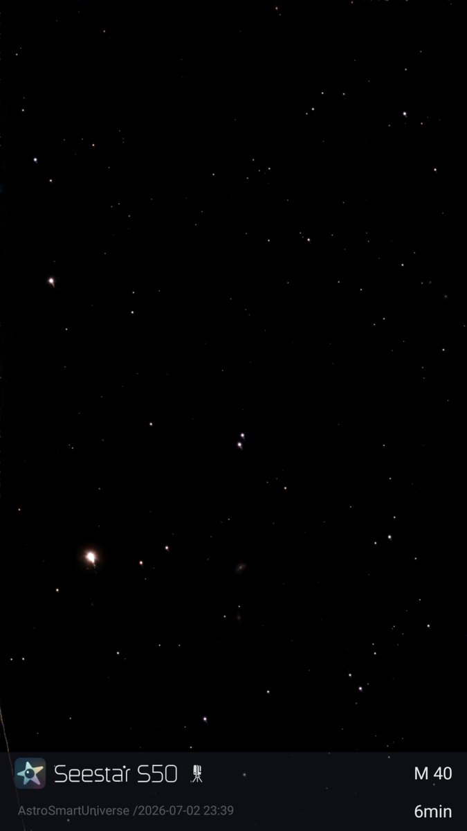 AstroSmartUni's tweet photo. ☄️🔭
📱
Name: Winnecke 4 (M40)
Constellation: Ursa Major
Distance: 510 ly
Smart Telescope: Seestar S50
Mount: Alt-Azimuth
Bortle Scale: Class 7
Exposure Time: 6min
Filter: Built-in Filter
Image Processing: Seestar App
#M40 #doublestar #smarttelescope #seestar #telescope #space https://t.co/YzWTMju5a5