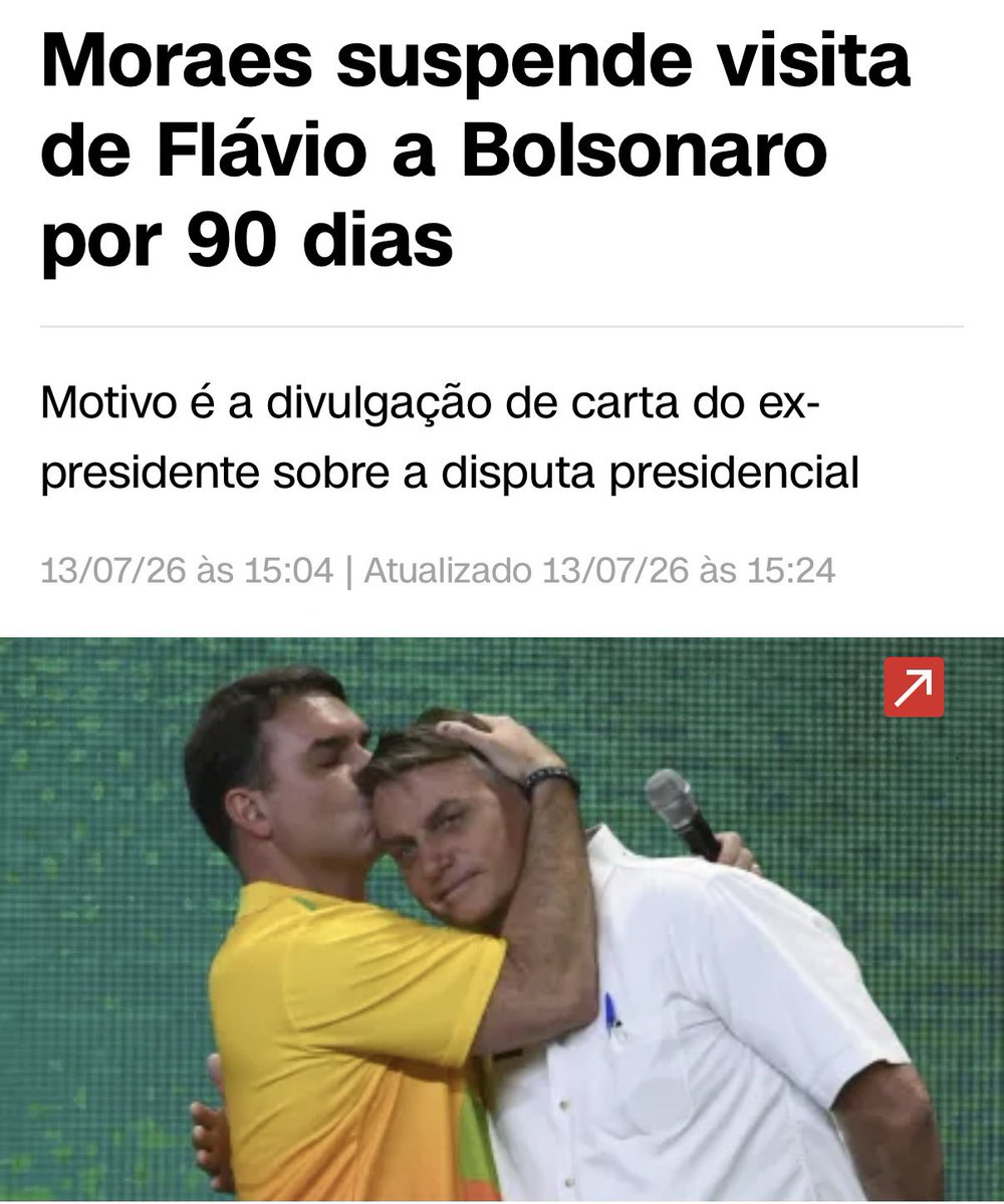 Maxcardoso's tweet photo. Quer dizer que Flávio Bolsonaro só vai poder visitar o pai depois da eleição?
Que coincidência.
Será que o “crime” da carta foi porque deu uma baita moral ao Flávio?
Moraes entendeu que o grande problema da direita hoje é o isolamento do seu líder. Ele quer manter esse isolamento a qualquer custo.
Só que agora já era, Bolsonaro já passou o bastão para Flávio Bolsonaro na carta.
Não escutem ninguém que fale contra o Flávio.
Estará fazendo o jogo do sistema consciente ou inconscientemente.