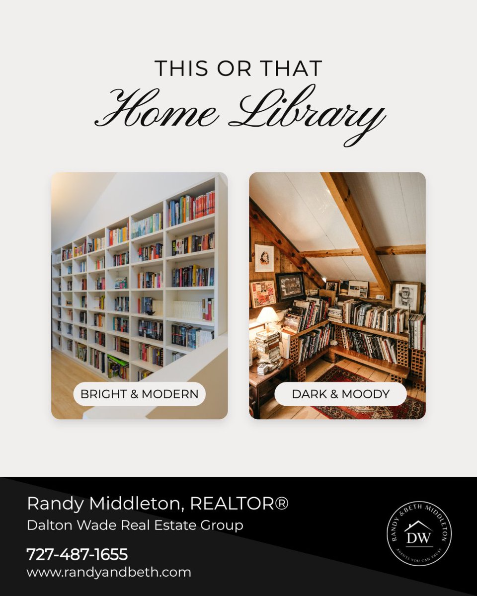 RandyAndBethM's tweet photo. A home library can completely change the feel of a space depending on the design direction.

One is energizing, the other is grounding; both create the perfect reading escape in different ways.

Which style would you choose for your home? https://t.co/AVIPnpgAml