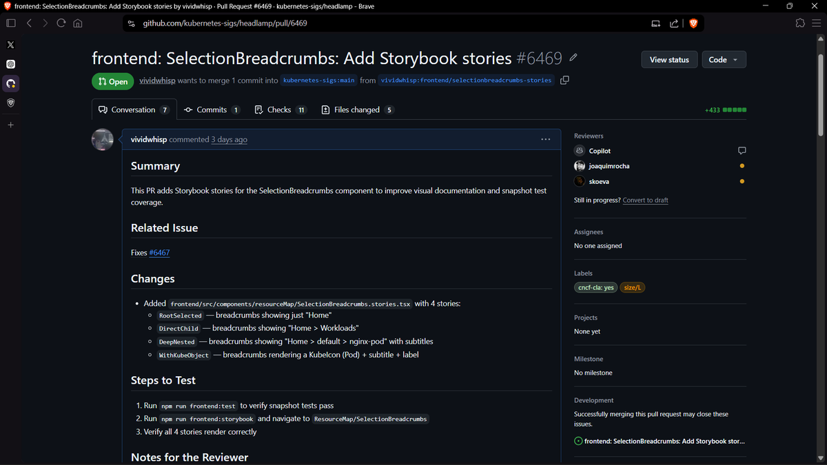 vividwhisp's tweet photo. Day 14 of becoming CRACKED at programming:

• Debugged my latest OSS PR in Headlamp 🔧
• Opened another PR in Headlamp (currently under review)
Lot harder than it seems and time consuming.

#OpenSource #LFX #CNCF #Kubernetes #Headlamp #Go #BuildInPublic https://t.co/KLikwRucw3