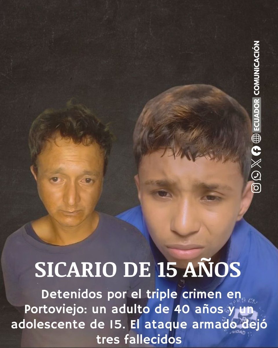 ecuadorprensaec's tweet photo. SICARIO DE 15 AÑOS FUE DETENIDO POR TRIPLE ASESINATO EN PORTOVIEJO 

Dos personas fueron capturadas tras el triple crimen en Portoviejo: un adulto de 40 años y un adolescente de 15. El ataque dejó tres muertos y cuatro heridos.

Los detenidos son:

Kléver Orlando V. L., de 40 años, neutralizado por la Policía mientras conducía una motocicleta. No registra antecedentes.

V.Z.R.G., adolescente de 15 años, interceptado metros más adelante a bordo de una motocicleta negra. En su poder se encontró un teléfono celular reportado como robado.

🔊 https://t.co/6Zy124gtvI