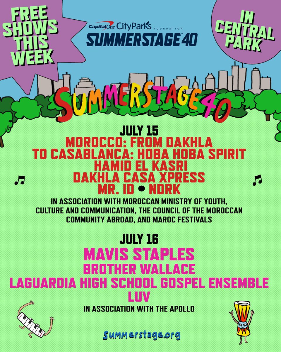 SummerStage's tweet photo. FREE shows this week at #SummerStage in Central Park! Get ready for a trip on 7/15 as Central Park transforms into Morocco for a celebration of music and culture. Then, join us on 7/16 for a night under the stars with @apollotheater featuring the one-and-only @mavisstaples. https://t.co/btoRcsqbPa