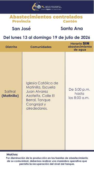 SantaAnaGob's tweet photo. #Atención personas vecinas del distrito #Salitral

@AyAOficialCR  comunica que, desde el lunes 13 de julio hasta el domingo 19 de julio, habrá interrupción del servicio de agua potable en diferentes horarios.

Más información👇 https://t.co/M7y6sXGKsm