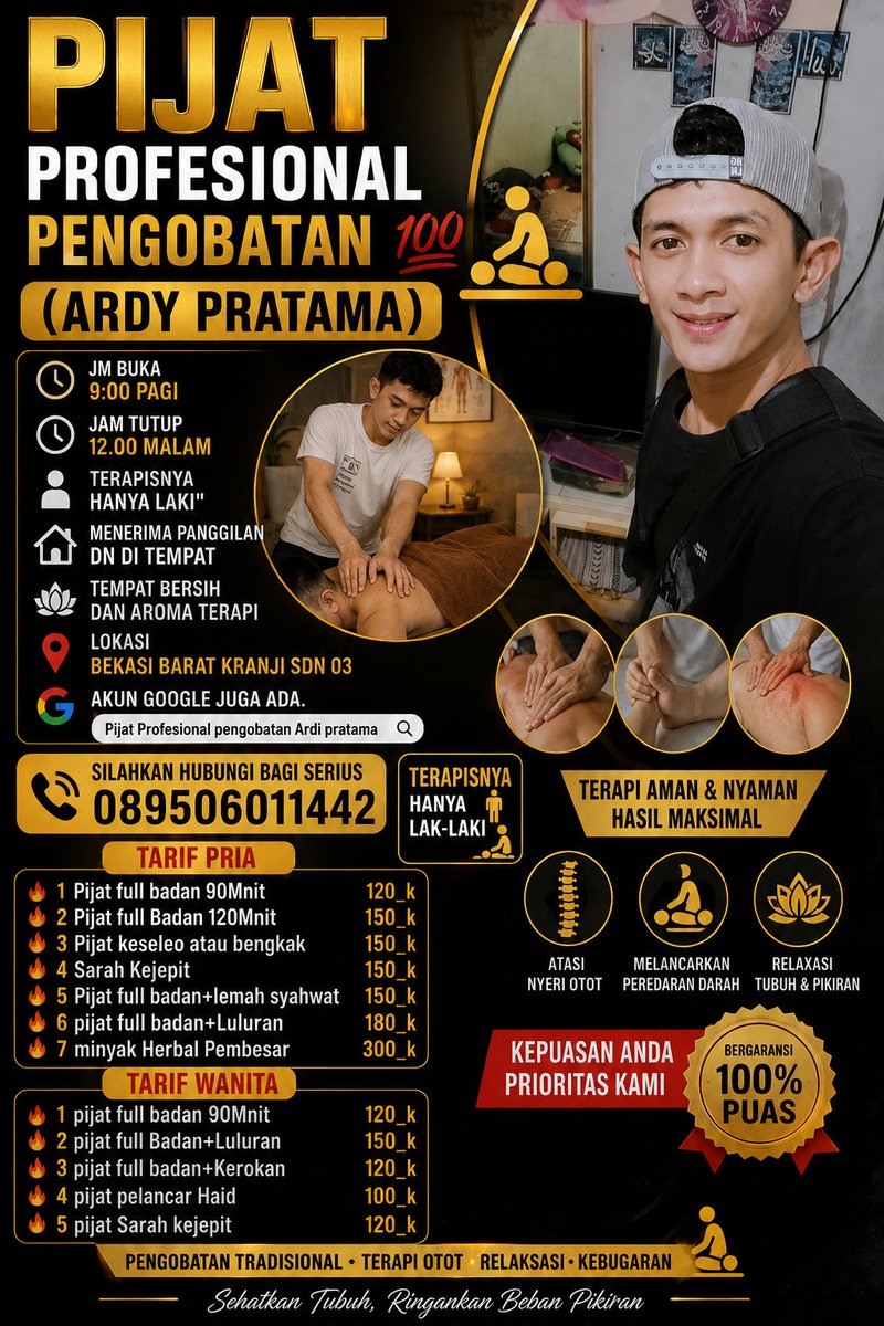 MuhammadYusuh44's tweet photo. PIJAT PROFESIONAL PENGOBATAN 💯💆 (ARDY PRATAMA)
JM BUKA 9:00 PAGI🕘
JAM TUTUP 12.00 MALAM🕛
TERAPISNYA HANYA LAKI" 
MENERIMA PANGGILAN DN DI TEMPAT
TEMPAT BERSIH DAN AROMA TERAPI
LOKASI BEKASI BARAT KRANJI SDN 03

 089506011442 
TERAPISNYA HANYA LAK-LAKI💆 https://t.co/IvkAt0tzX1