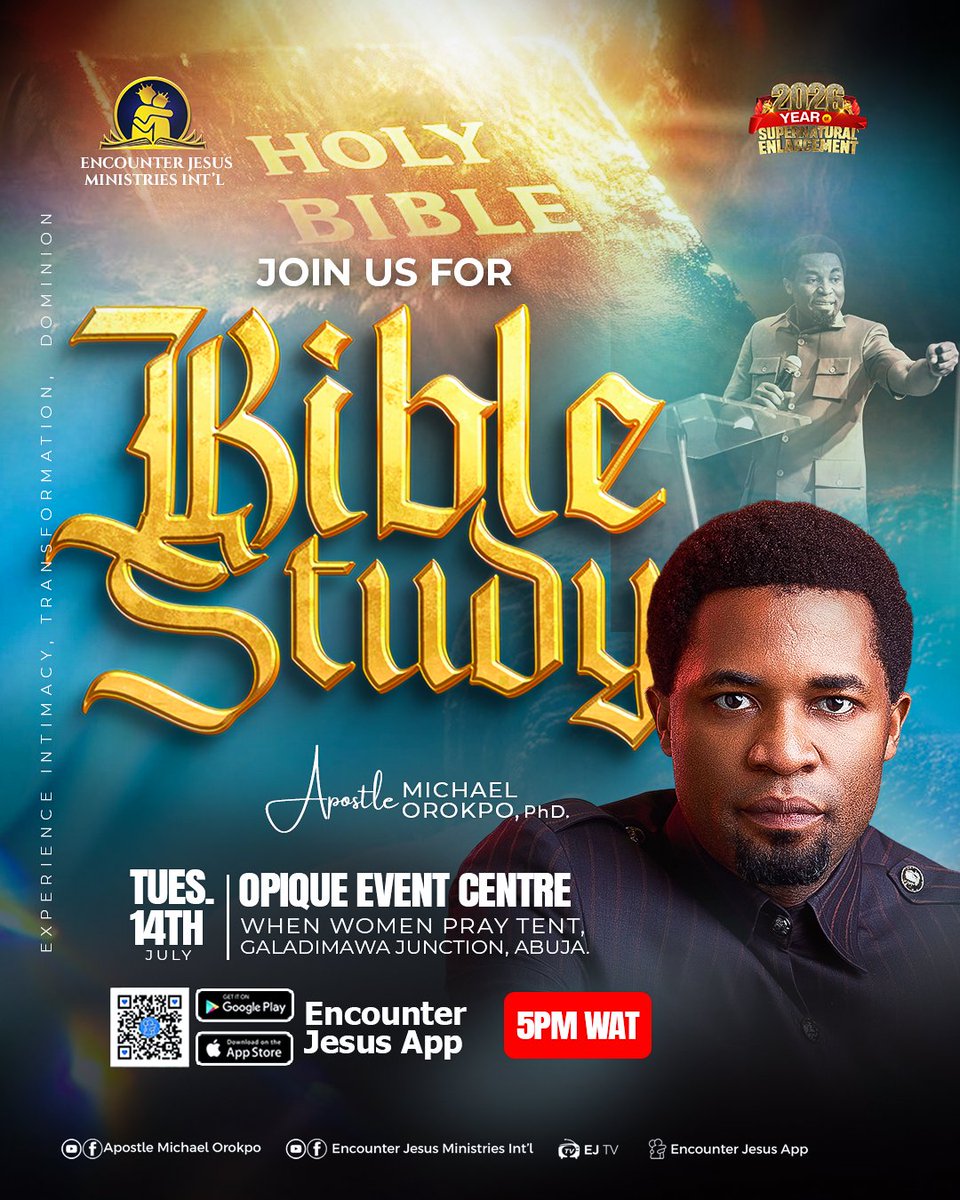 Apostleorokpo's tweet photo. TUESDAY BIBLE STUDY

“Your words were found, and I ate them, and Your word 
became to me the joy and rejoicing of my heart.” – Jeremiah 15:16

Join us this Tuesday evening as we feast on God's Word and 
grow in grace, wisdom, and revelation.

Connect live on:
Facebook
YouTubez
Instagram

Come ready to learn, be transformed, and walk in the light of His truth. 

#encounterjesus #ejmi #jesus
#encounterjesusinternational #encounterjesusuk
#encounterjesusmanchester
#encounterjesusministryinternational
