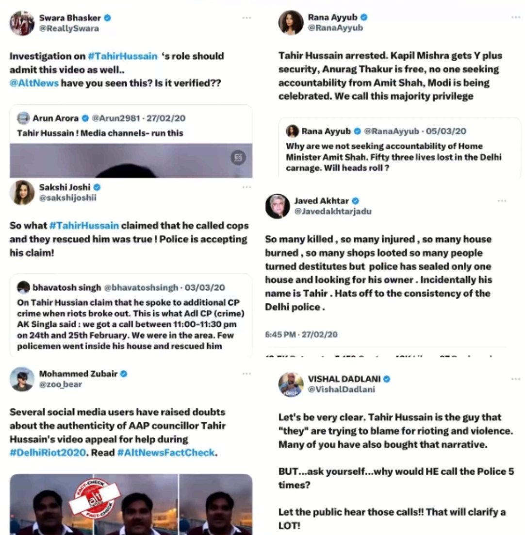 JaipurDialogues's tweet photo. Vishal Dadlani 
Swara Bhaskar
Mohd Zubair
Anurag Kashyup
Rana Ayyub
Javed Akhtar

They all supported Tahir Hussain, who stabbed Ankit Sharma 55 times during the Delhi Riots

Never Forgive, Never Forget https://t.co/7t9HWArU13
