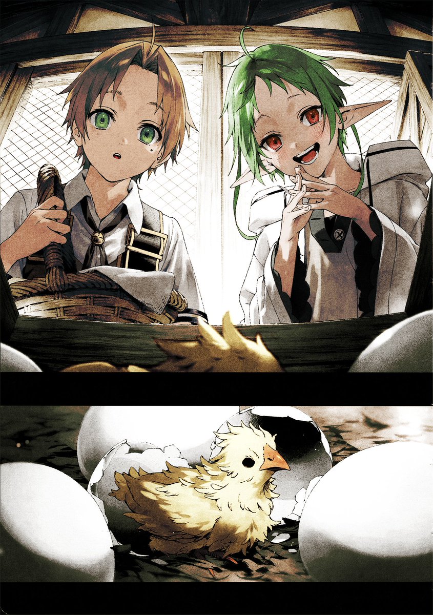 TheLuciusSeneca's tweet photo. Huevos y Gallinas 
#MushokuTensei #無職転生 

Mi nombre es Rudeus Greyrat.

Soy un buen tipo que está disfrutando su segunda vida después de reencarnar en otro mundo. Ese día, como siempre, estaba estudiando mientras esperaba a mi amiga de la infancia, Sylphie. En mi vida anterior odiaba estudiar, pero desde que llegué a este mundo me he vuelto bastante aplicado. Supongo que aprender sobre cosas que te interesan—sobre un mundo que te fascina—simplemente es divertido.

Si no tuviera los recuerdos de mi vida anterior, probablemente no sería así. Gracias, reencarnación en otro mundo.

Lo que aprendí en los estudios de ese día fue que este mundo también tiene muchas criaturas vivas similares a las de mi mundo anterior.

Por ejemplo, hay clasificaciones amplias como aves y mamíferos. Así que sí, hay pájaros y bestias.

Por supuesto, eso no es todo. También parece haber muchas criaturas desconocidas, pero dentro de mi vida diaria, hasta ahora no he visto nada completamente desconocido.

Quizás los monstruos sean los que quedan fuera de esas categorías, pero la única vez que vi uno en persona fue cuando Paul me llevó con él de cacería, e incluso esos parecían lobos u osos—básicamente mamíferos. Bueno, en mi vida anterior no había osos con cuatro brazos, eso sí…

Y como las clasificaciones son similares, parece que los tipos de animales que los humanos domestican también son naturalmente parecidos. Por ejemplo, en la Aldea Buena se crían animales como gallinas y ovejas.

…Eso lo descubrí en el informe financiero de la aldea que tenía Paul. Aunque, en realidad nunca los he visto.

"Oye, Madre, ¿cómo son esas gallinas?"

"Claro, Rudy—nunca has visto una gallina."

Esa fue la respuesta que obtuve cuando le pregunté a mi madre, Zenith.

Bueno, en este mundo, claro.

Dicho eso, sí las he escuchado. Cantan por la mañana.

"¡Ah, ya sé! Entonces, cuando venga Sylphie, tal vez les pida que hagan un recado. Quiero que vayan a traer huevos."

Y así, terminé yendo a ver gallinas junto con Sylphie.
.
.
"¡Rudy, por aquí!"

Sylphie se emocionó un poco cuando escuchó que ella me guiaría.

Al parecer, ya había ido varias veces al gallinero por recados antes, y de forma poco común en ella, se infló de orgullo como diciendo, “Yo te enseño el camino, Rudy.” Se veía tan linda actuando así que decidí seguirla, diciendo algo como, “Está bien, te dejo a cargo.” No podía simplemente decirle “No, gracias.” Desde que empecé a enseñarle magia a Sylphie, mis días se han vuelto satisfactorios. Tal vez lo que le faltaba a mi vida era una chica bonita con orejas de elfo.

De todos modos, Sylphie dijo con confianza “¡Por aquí!” durante un rato después de salir de casa, pero tras un tiempo inclinó la cabeza y dijo “¿Eh?”, y eventualmente empezó a mirar alrededor con los ojos llorosos.

Incluso si conoces tu destino, si comienzas desde un lugar diferente, terminarás tomando otra ruta. Debió confundirse al meterse en un camino desconocido. La Aldea Buena no es tan complicada, pero incluso los mismos edificios pueden verse distintos dependiendo de si los ves desde el este o desde el oeste.

Pero está bien, Sylphie—está justo adelante. De hecho, el edificio al otro lado de esta cerca es el gallinero.

¿Ves? Si escuchas con atención, puedes oír a las gallinas.

"¡Ah!"

Sylphie había estado caminando nerviosa, pero cuando llegamos a una abertura en la cerca, se dio cuenta. Su rostro se iluminó al instante.

"¿Ves? Está justo aquí, Rudy."

"Así que es aquí. Gracias, Sylphie—no habría llegado hasta aquí por mi cuenta."

"Ehehe."

Ehehe, no pude evitar sonreír también.

Las gallinas se veían prácticamente iguales a las de mi vida anterior. Bueno, nunca las había observado tan de cerca antes, así que no podría asegurarlo en detalle, pero en general parecían iguales.

Si tuviera que decir algo, se sentían como un tamaño más grandes de lo que imaginaba. Eran blancas. Y su temperamento parecía agresivo—nos graznaban y amenazaban desde detrás de la red. Aunque sus gritos sonaban más como otro tipo de ave.

"Aquí. Dile a tu madre que le mando saludos."

Tal vez ya lo tenían arreglado, porque el hombre del gallinero extendió una canasta con unos diez huevos dentro. Sin necesidad de pago. Realmente se puede sentir el sentimiento de comunidad de la aldea.

"Muchas gracias. Los comeremos con cuidado… Por cierto, ¿sería posible que miráramos un poco alrededor?"

"Claro. Solo no molesten a las gallinas."

"Okaaay."

Era un hombre brusco, pero no parecía que le desagradarán los niños. Nos dejó mirar. Quizás simplemente no sabía cómo tratar con niños pequeños.

De todos modos, habiendo obtenido permiso, decidimos echar un vistazo al gallinero por un rato. Al parecer, en este país llamado Asura—o más bien, en los países humanos en general—los gallineros son bastante comunes, con al menos uno en cada aldea.

Su propósito principal son los huevos, y la carne proviene principalmente de gallinas viejas que dejan de poner. Las gallinas jóvenes solo se comen durante celebraciones. Parecía haber bastantes gallinas, pero si todos en la aldea las comieran, probablemente se acabarían.

"Oye, Rudy. Siempre me he preguntado… ¿por qué siempre hay huevos?"

"¿Siempre?"

"Incluso cuando vengo aquí por recados, nunca me han dicho que se hayan acabado…"

"Oh, eso es porque las gallinas ponen un huevo todos los días."

Cuando lo dije casualmente, el hombre del gallinero me lanzó una mirada fulminante.

"Niño, no andes diciendo mentiras. No ponen huevos tan rápido. Como mucho, una vez cada cinco días."

Al parecer, así es en este mundo.

Pensándolo bien, incluso en mi mundo original, las gallinas solo ponen un huevo al día debido a la cría selectiva.

"Oh, ya veo. Debo haberlo recordado mal."

Cuando alguien te enseña algo, le das las gracias. Eso es importante.

"Sí… bueno… mientras lo entiendas."

El hombre se bajó el sombrero y regresó apresuradamente a limpiar el gallinero.

"Bueno, en fin, las gallinas ponen huevos con bastante frecuencia, y los huevos duran un tiempo, así que normalmente hay existencias sin importar cuándo vengas."

"Ya veo〜"

Sylphie me miró como diciendo, “Rudy realmente lo sabe todo.” Se siente bien que te miren así, pero literalmente acabo de decir algo incorrecto con total confianza, así que tal vez deberías dudar un poco de mí. Aun así, el hombre no dijo nada, así que supongo que esta explicación es correcta. Bueno, probablemente los huevos no sean tan diferentes entre mundos.

"Oye, Rudy, ¿por qué los huevos que conseguimos no se convierten en pollitos?"

"Probablemente porque los clasifican correctamente. Mira, si los sostienes contra el sol así, puedes ver la luz a través de ellos, ¿verdad? Pero los que se convierten en pollitos tienen algo como un patrón de red o una sombra oscura en el centro. Aunque a veces se les pasa uno, y un pollito termina naciendo de todos modos."

"Niño, sí que sabes bastante."

Parece que eso también era correcto en este mundo, ya que el hombre me elogió. El conocimiento de internet de mi vida anterior es bastante útil.

"Bueno, no se puede saber con huevos recién puestos, y la mayoría se comen antes de que eso importe."

"Ya veo. Entonces, ¿cómo distinguen aquí la diferencia?"

"Lo entenderás si sostienes uno."

¿En serio?

Eso pensé, pero bueno, lo dice un profesional, así que tal vez así es como funciona. O tal vez este tipo tiene manos capaces de sentir el peso de la vida… o quizás solo está diciendo lo primero que se le ocurra a unos niños.

"Oigan, ustedes dos, vengan aquí. Les mostraré algo bueno."

Parece que el viejo aún está dispuesto a complacernos.

Hay bastantes adultos que terminan queriendo cuidar a los niños cuando muestran mucho interés en su trabajo, así que tal vez sea de ese tipo de persona. Bueno, si intenta algo lujurioso, saldré corriendo. Correré y se lo diré a papá. Pensando eso, Sylphie y yo nos adentramos más en el cobertizo, donde había otra cerca de alambre, y más allá de ella, tanto gallos como gallinas estaban siendo criados.

También había un montón de pollitos.

Ya veo—como los machos están separados desde el principio, los huevos recolectados de las hembras son casi todos no fertilizados.

"Aquí. Está a punto de nacer."

Lo que el viejo trajo fue una caja lo suficientemente grande como para sostenerla con ambos brazos.

Dentro había unos cuatro huevos.

"Oh…"

Uno de los huevos tenía una grieta, y se podía escuchar un débil piar—algo como pío pío. De la grieta del huevo sobresalía algo como pelusa amarilla y húmeda. Esa cosita amarilla empujó la cáscara como si estirara su cuerpo, y un gran ojo negro asomó.

Era el momento de la eclosión.

"Wow."

Sylphie dejó escapar un sonido de asombro.

De huevo a pollito.

Se tambaleaba, moviendo sus diminutas alas mientras se retorcía. Se movía un poco, luego descansaba, repitiendo eso, y a veces se tensaba y rodaba. Qué adorable. Podría ver esto para siempre.

"W-wow…"

Sylphie también estaba completamente fascinada.

"¡Increíble, Rudy! ¡Es tan lindo!"

Después de un rato, cuando las plumas del pollito comenzaron a secarse, el viejo lo devolvió al gallinero. Desde fuera, su manera de manejarlo parecía un poco brusca, pero probablemente solo estaba acostumbrado.

"Wow…"

Después de eso, pasamos un rato en el gallinero.

"Oye, Rudy."

De camino de regreso, Sylphie aún parecía algo abrumada, pero de repente preguntó,

"¿Por qué las gallinas ponen huevos?"

Esa es una pregunta filosófica, pequeña Sylphiette. ¿Estás preguntando por qué nace la vida? No, no es eso. Ya entiendo.

"¿Te refieres a por qué son diferentes de las personas?"

"Sí. Nosotros no nacemos de huevos, ¿verdad?"

"Estrictamente hablando, es lo mismo. Solo cambia si sales primero o si creces dentro del vientre de tu madre."

"¿Entonces también hay huevos dentro del cuerpo de una persona? ¿Incluso yo?"

"Aún no los tienes, Sylphie, pero los tendrás cuando crezcas."

Y luego esos huevos son devorados por adultos malvados—eso fue lo que estuve a punto de decir como una broma sarcástica, pero no soy tan mal adulto como para meter ideas equivocadas a alguien que está preguntando sinceramente. Además, hablar de estas cosas me da algo de vergüenza. Después de todo, sigo siendo virgen.

"Ya veo〜. ¿Antes éramos iguales? ¿Nos volvimos distintos? ¿Por qué?"

"Hmm… poner huevos es más fácil para la madre una vez que los pone, pero pueden ser robados o comidos si no los vigilas, y si no se mantienen calientes adecuadamente, mueren. Probablemente sea más fácil que crezcan dentro de tu cuerpo por sí solos, ¿no? Aunque incluso así, siguen siendo un problema después de nacer."

"¿Hmm…?"

Sylphie no parecía completamente convencida.

"Bueno, en realidad no lo sé."

No es como si fuera un experto.

"Aun así… de alguna manera… siento que ya no quiero comer huevos…"

Sylphie puso una expresión ligeramente preocupada mientras miraba la canasta en mis manos.
.
.
.
••●══••●۩۞Diez años después ۞۩●••══●••
.
.
.
Mi nombre es Sylphiette Greyrat.

Soy una mujer de orejas largas que es bastante buena con la magia.

Ahora mismo, estoy casada con Rudy, y vivimos en la Ciudad Mágica de Sharia. En aquel entonces, nunca imaginé que viviría en un lugar así, ni que me casaría con Rudy.

La vida realmente es extraña… Si ese desastre no hubiera ocurrido, las cosas no habrían resultado de esta manera.

El desastre de teletransportación… Cuando mi madre y mi padre murieron por su causa, maldije la injusticia del mundo, y cuando escuché que cierta persona era responsable, incluso me llené de rabia—pero al final, mi situación actual no es mala. Me casé con Rudy, y ahora soy feliz.

El padre de Rudy—Paul—ha fallecido, pero al menos la madre de Rudy está a salvo, y la hermana menor de Rudy, Aisha, ayuda activamente en la casa, así que las tareas domésticas y el cuidado de los niños son bastante fáciles.

Con la familia creciendo, sí me preocupé un poco por el dinero, pero el tesoro que Rudy obtuvo al rescatar a Zenith era bastante valioso, y gracias a que Roxy, la segunda esposa de Rudy, sale a trabajar, las cosas son muy estables. Cuando Roxy llegó como segunda esposa, pensé que podría volverse tenso, pero es muy respetuosa conmigo, y no siento nada desagradable.

Cada día es divertido. Incluso parece que todo es demasiado fácil. Casi me siento culpable, sabiendo que probablemente se complicará más adelante por el trabajo.

"Sylphie, ¿quieres ir de compras conmigo?"

Un día, Aisha me dijo eso.

"Claro. ¿Qué vamos a comprar?"

"Hehehe. ¡En realidad, encontré un lugar bastante interesante!"

Aisha a veces pone ese tipo de sonrisa traviesa.

"¿Oh? ¿Qué tipo de tienda es?"

"Lo verás cuando lleguemos. Creo que definitivamente te gustará, Sylphie."

"Suena divertido. Vamos."

Cuando Aisha se pone misteriosa de esa manera, normalmente significa que es un lugar que realmente me va a gustar.

Y así, las dos salimos juntas de compras.

El lugar al que se dirigió Aisha estaba en las afueras.

Si vamos de compras hacia las afueras, probablemente tenga que ver con ganado. La mayoría del ganado se cría allí, así que si quieres comprar barato, este es definitivamente el lugar.

Aunque eso también lo escuché de Aisha.

Pero aun así, Aisha normalmente compra cosas que los comerciantes traen a la ciudad. Después de todo, las afueras están lejos, y en términos de tiempo es más eficiente comprar cosas ya cortadas y preparadas que hacerlo todo en casa. Así que si este lugar llamó la atención de Aisha, debe ser porque es muy delicioso o tiene algo especial…

"¡Llegamos!"

Lo que Aisha señaló fue, como era de esperarse, un establo de ganado.

No, era enorme. No era algo que pudieras llamar solo un establo. Había tres edificios alineados, cada uno tan grande como nuestra casa, y varios animales pastaban frente a ellos. Supongo que se podría llamar un rancho.

"¡Hola! ¡He vuelto!"

"Ah, eres tú, jovencita. Bienvenida."

"¿Podrías mostrarnos eso otra vez?"

"Por supuesto."

Después de arreglar las cosas con el dueño del rancho (¿o quizás ya estaba arreglado desde el principio?), Aisha se dirigió hacia uno de los establos.
.
.
Uno de los tres establos era un gallinero.

Dentro del cobertizo, débilmente iluminado, gallinas de plumas marrones y negras deambulaban somnolientas. Entre sus cacareos agudos, Aisha siguió avanzando hacia el interior.

"Aquí estamos."

Lo que Aisha señaló fue una sección separada de las otras gallinas, donde había una gallina blanca. Era aproximadamente un tamaño más grande que las demás, y su voz era un poco más grave, haciendo “gah-gah” mientras abría el pico y nos amenazaba.

Ah… esta sensación, me resulta algo familiar…

"Escuché que fue rescatada después de reunirse cerca del pueblo durante el desastre. Al parecer, es una raza de gallinas del Reino de Asura que solo existía en la región de Fittoa."

De repente, recordé haber ido a un gallinero con Rudy hace mucho tiempo. Había escuchado que durante el desastre de teletransportación, no solo los humanos, sino también otros seres vivos fueron transportados. Si ese es el caso, entonces tal vez estas gallinas originalmente eran de la Aldea Buena.

"...Ah."

Desde debajo de las patas de la gallina blanca, un pollito amarillo salió rodando. Pió suavemente mientras caminaba hacia nosotros, inclinando la cabeza. Mirando de cerca, había un huevo a los pies de la gallina blanca.

Habían pasado diez años. No sabía cuánto vivían las gallinas. El pollito que vi aquel día probablemente ya había crecido hace mucho—y quizás ya había muerto. Pero el ave adulta aquí podría ser hija de ese pollito, o tal vez su nieta. Al pensar eso, sentí algo difícil de poner en palabras.
.
.
.
Regresamos a casa.

Aisha estaba muy emocionada, diciendo: “¡Haremos platos de la Aldea Buena usando gallinas de Fittoa!”

Dejé la preparación a Aisha y Lilia, y mientras tanto, me encargué de mi hija, Lucy. Tal vez podría haber dejado a Lucy con Lilia—la madre de Aisha—y ayudar con la cocina en su lugar. De hecho, Lilia es muy buena cuidando niños, y como madre, aún soy inexperta. Así que probablemente sería más rápido y con menos errores si Lilia se encargara de todo.

Pero Lilia deliberadamente hace tiempo para que Rudy y yo cuidemos a la niña. Debe tener algún tipo de principio. Incluso si empezara a decir que no quiero cuidar a mi hija, estoy segura de que me regañaría y me haría continuar. Por supuesto, nunca diría algo así.

"Nn—¡¡¡Ah, ah!!!"

"Whoa, tranquila… está bien, está bien. Lucy, eres tan linda."

Cuando Lucy empezó a inquietarse, la levanté y la meci suavemente, y rápidamente dejó de llorar, haciendo pequeños sonidos mientras me miraba. Lilia dijo que Lucy no es una niña muy demandante.

"Lucy aún eres como un pequeño pollito, ¿verdad? ¿O tal vez todavía eres un huevo?"

Mientras decía eso y acariciaba suavemente su cabeza, Lucy sonrió con alegría. Al ver esa sonrisa, de repente recordé algo de hace mucho tiempo. En ese entonces, una vez le pregunté a Rudy: “¿Por qué las gallinas ponen huevos?”

En ese momento, simplemente tenía curiosidad.

¿Por qué dar a luz en forma de huevo, y luego mantenerlo caliente durante días hasta que eclosiona? Me preguntaba por qué hacían eso. Pero ahora, sosteniendo a Lucy así, siento que de alguna manera lo entiendo.

Los huevos—los niños—tienen que ser protegidos.

Porque aún no tienen la fuerza para vivir por sí mismos, los adultos tienen que protegerlos. Una vez que se convierten en pollitos, apenas pueden mantenerse de pie y caminar por su cuenta. Tal vez incluso puedan arreglárselas para comer solos.

Pero los humanos no pueden caminar justo después de nacer, y tampoco pueden comer por sí mismos. Incluso después de aprender a caminar, todavía no pueden vivir solos.

Por eso los adultos cuidan de ellos.

Mi padre y mi madre, Paul y Zenith, Lilia—e incluso aquel hombre del gallinero—cuidaron de nosotros cuando aún éramos niños. Tal vez en ese entonces, Rudy pensaba que también me estaba cuidando a mí. Él siempre fue un poco más maduro que los demás.

Y ahora, es mi turno de cuidar a los niños. Estoy en una posición en la que cuido de Lucy, Aisha y de mi otra hermana menor, Norn.

Seguramente, ese pollito que vimos en el gallinero aquel día ya se había convertido en gallina para el momento del desastre de teletransportación, y cuando llegó aquí, debió haber cuidado desesperadamente de los pollitos a su alrededor, protegerlos y dejar a sus descendientes aquí en Sharia.

La gallina que vimos hoy puede que no sea la misma que vimos en la Aldea Buena aquel día. Pero si lo fuera, entonces seguramente eso fue lo que ocurrió. Y cuando esos niños crezcan, ellos también cuidarán de sus propios hijos. Y para poder cuidar de ellos adecuadamente, tienes que crecer adecuadamente.

No sé si yo he crecido correctamente. Desde la perspectiva de Lilia, puede que todavía parezca una niña. Por eso Lilia sigue cuidándome—apoyándome para que pueda criar bien a mi hija.

Para cuando alcance la edad de Lilia, quiero creer que habré crecido más. Y cuando Lucy crezca aún más de lo que es ahora, le enseñaré muchas cosas.

"Lucy, esforcémonos ambas por crecer, ¿de acuerdo?"

Pensando eso, besé suavemente a Lucy en la mejilla.