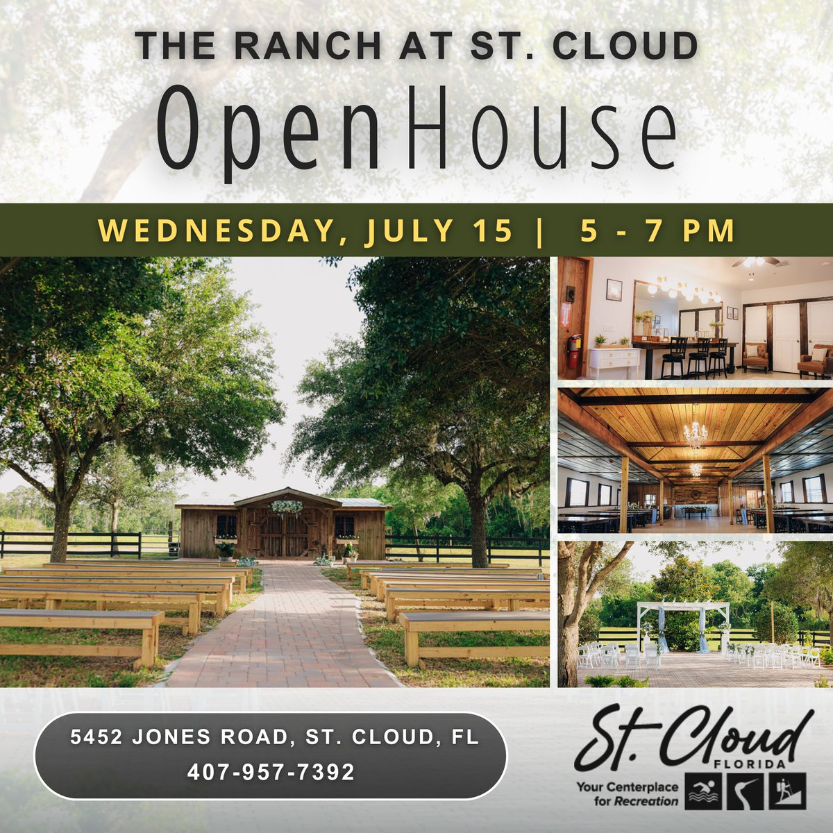 CityofStCloudFL's tweet photo. Join us this Wednesday, July 15, from 5 to 7 PM for The Ranch Open House and explore one of St. Cloud's most scenic event venues. Tour the beautiful 219-acre property featuring majestic oak trees, a lake, and charming indoor and outdoor event spaces.

5452 Jones Rd.

407-957-7392 https://t.co/ngrMyGMV74