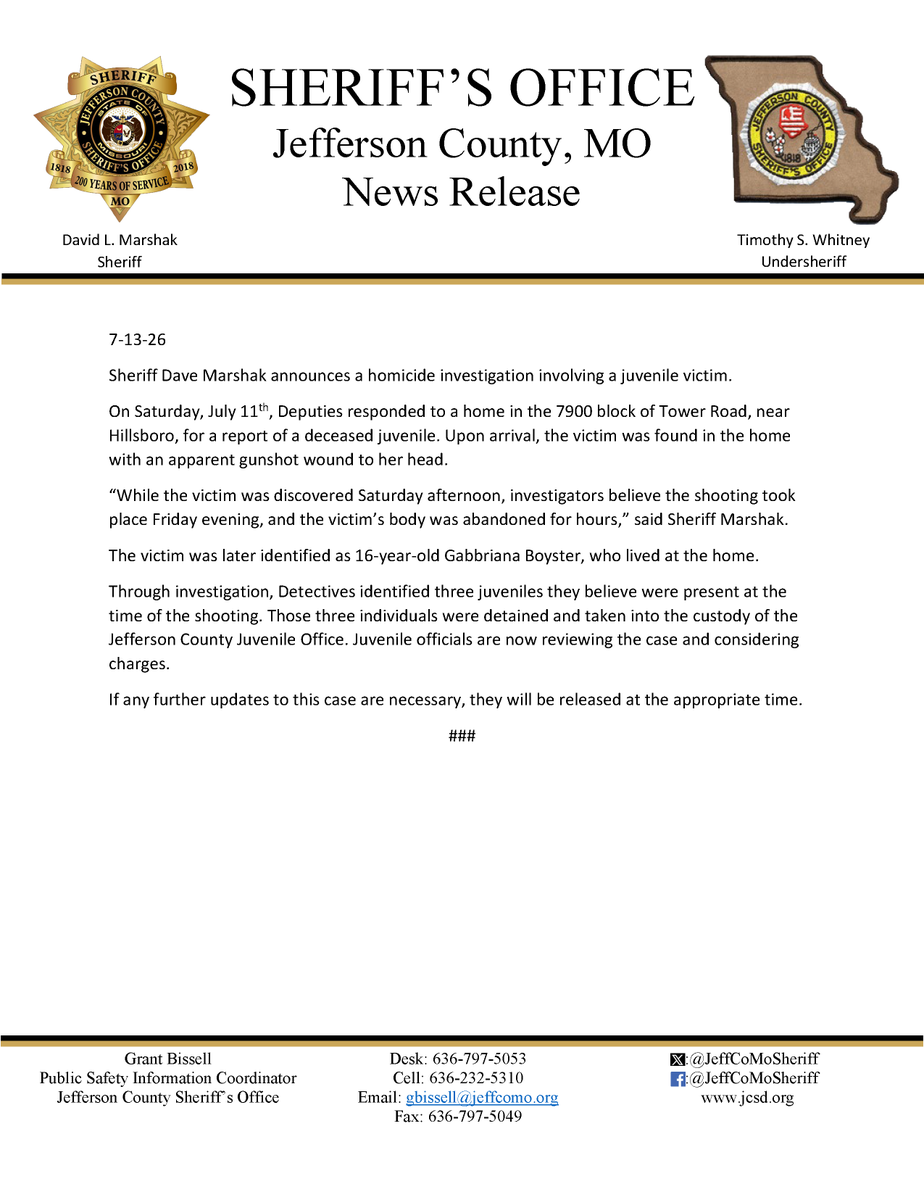 JeffCoMoSheriff's tweet photo. 🚨🚨Juvenile Homicide Investigation🚨🚨
Three juveniles were taken into the custody of the Jefferson County Juvenile Office after 16-year-old Gabbriana Boyster was found dead in her Hillsboro area home over the weekend. When Deputies arrived at the home, they found Boyster with an apparent gunshot wound to the head.
Juvenile officials are now reviewing the case and considering charges.
Please see the attached news release for further details.