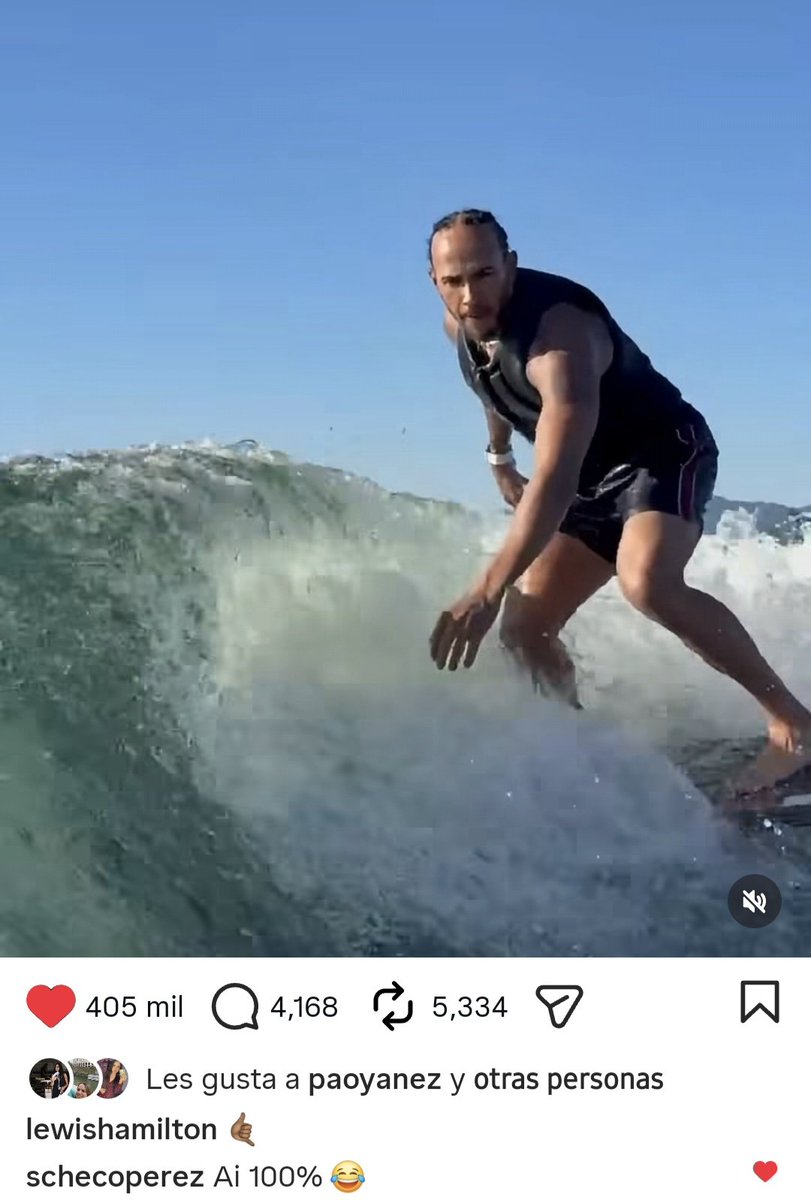 PauV_F1's tweet photo. Hamiton subió un video surfeando y Checo le pone que es IA 😂😂😂 https://t.co/v1sqLFNTR3