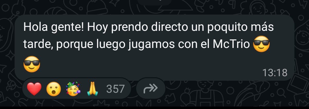 RoierUpdates's tweet photo. 📩| ¡Roier vía su canal de difusión de WhatsApp!

"Hola gente! Hoy prendo directo un poquito más tarde, porque luego jugamos con el McTrio 😎😎" https://t.co/o9wzYFh4dI