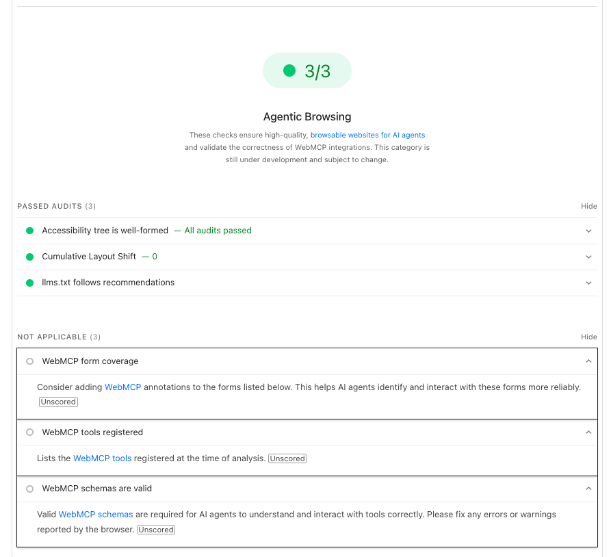 uzandev's tweet photo. 3 ay önce buna kafa yorup bir repo oluşturmuştum, sonra bunu bir websitemde denemeye başladım. Tamamen yapay zeka ile oluşturulmuş blog yazılarını kullandım bu yüzden muhtemelen gpt ve türevleri  istediğim seviyede önermiyor ancak durmadım merak saldım ve araştırdım. pagespeed de bir öneri var arkadaşlar Agentic Browsing adında görselini iliştiriyorum. Burada ayrıca webmcp lerin de incelendiğini fark ettim ve siteye olabilecek tüm webmcp leri dahil ettim. Ayrıca llmstxt. org adında bir site var ve bu işi standardlaştırmaya çalışıyorlar ki bence artık standart kabul edilebilir. Yine detaya indiğimde llms.txt dosyaları ve llms-full.txt dosyası olan siteleri indexleyen sitelerin bile olduğunu gördüm llmstxt[.]site
directory.llmstxt[.]cloud bunlara da eklemeye çalıştım ama hala kabul almadı ne hikmetse ben de kendi llmslist .com index sitemi oluşturdum. Hatta şu sıralar yayına aldım sitelerinize llms.txt leri oluşturup gönderirseniz hemen onaylarım. Bu işin bir standart haline geleceğini düşünüyorum ve şimdiden bir şeyler denemenin faydalı olacağını düşünüyorum. repoyu incelemek isterseniz
https://github. com/halituzan/awesome-llms-webtools