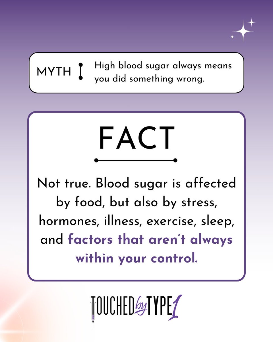 touchedbytype1's tweet photo. MYTH vs. FACT

One of the biggest misconceptions about Type 1 Diabetes is that a high blood sugar reading means someone did something wrong.

The reality is far more complex.

Blood sugar is influenced by so much more than food. Stress, hormones, illness, exercise, sleep, medications, and even everyday life can all affect glucose levels. Sometimes, despite doing everything “right,” the numbers still don’t cooperate.

For those living with T1D, every glucose reading is information not a measure of effort or success.

The more we understand what life with Type 1 Diabetes really looks like, the more we can replace judgment with empathy and support.

If you live with T1D, remember this: your blood sugar is data, not your worth.

#TouchedByType1 #Type1Diabetes #T1D #T1DCommunity #DiabetesAwareness #Type1Awareness #T1DEducation #KnowTheFacts #MythVsFact #DiabetesEducation #LivingWithType1 #DiabetesAdvocacy #EndTheStigma #InvisibleIllness #BeyondTheDiagnosis
