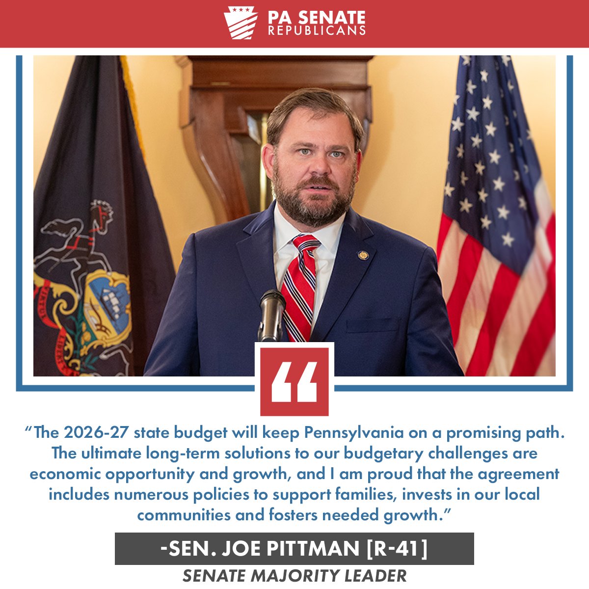 SenatorPittman's tweet photo. Good News! Pennsylvania now has a 2026-27 State Budget in place.

We have worked extremely hard to create a responsible spending plan that protects taxpayers, prevents new tax hikes, safeguards our financial future, and breaks down barriers to economic growth. https://t.co/KGw7OTVYfx